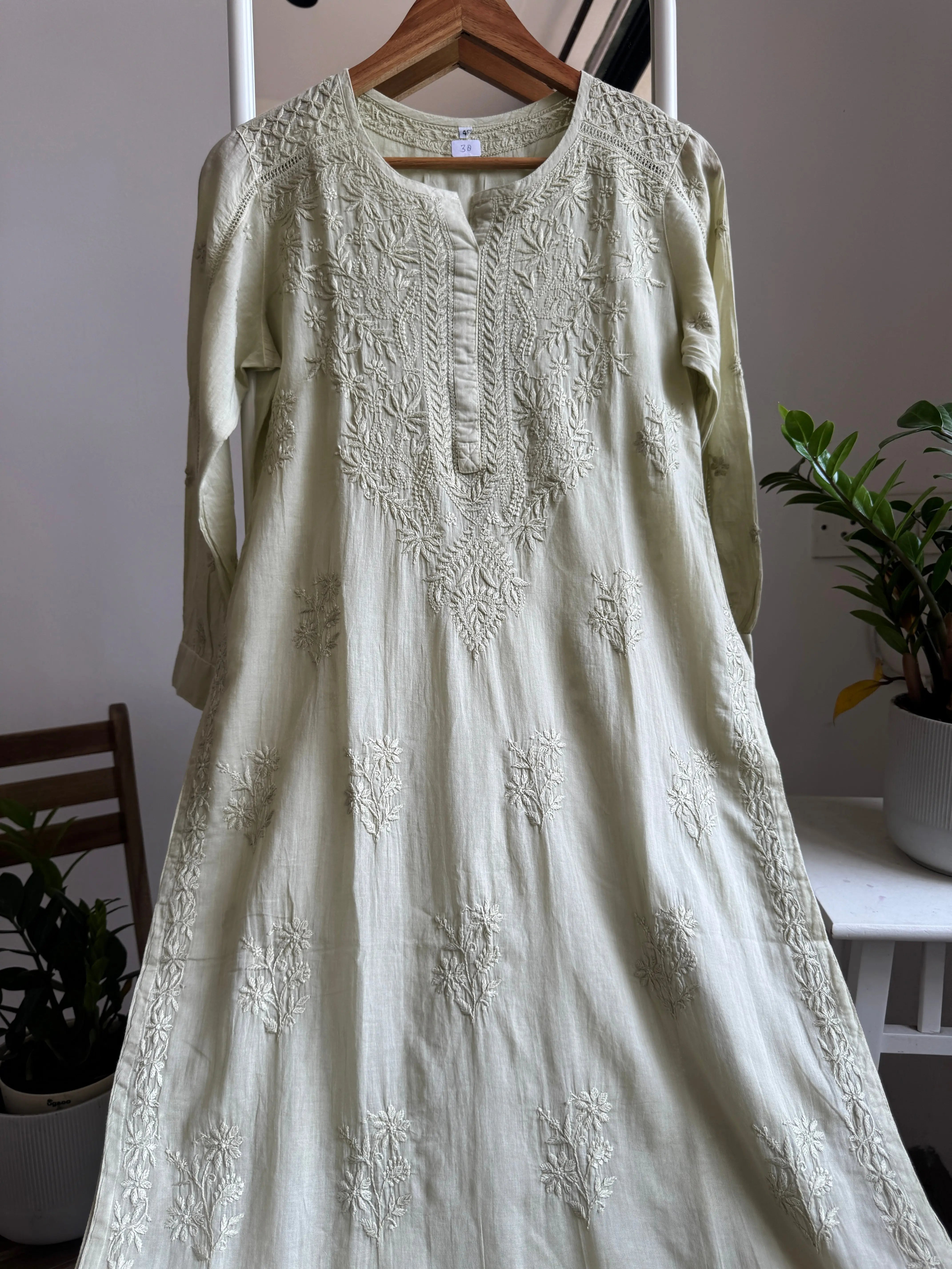 Mul Cotton Sheen Green Chikankari Kurti - Saaz Collection ARIAA CHIKANKARI