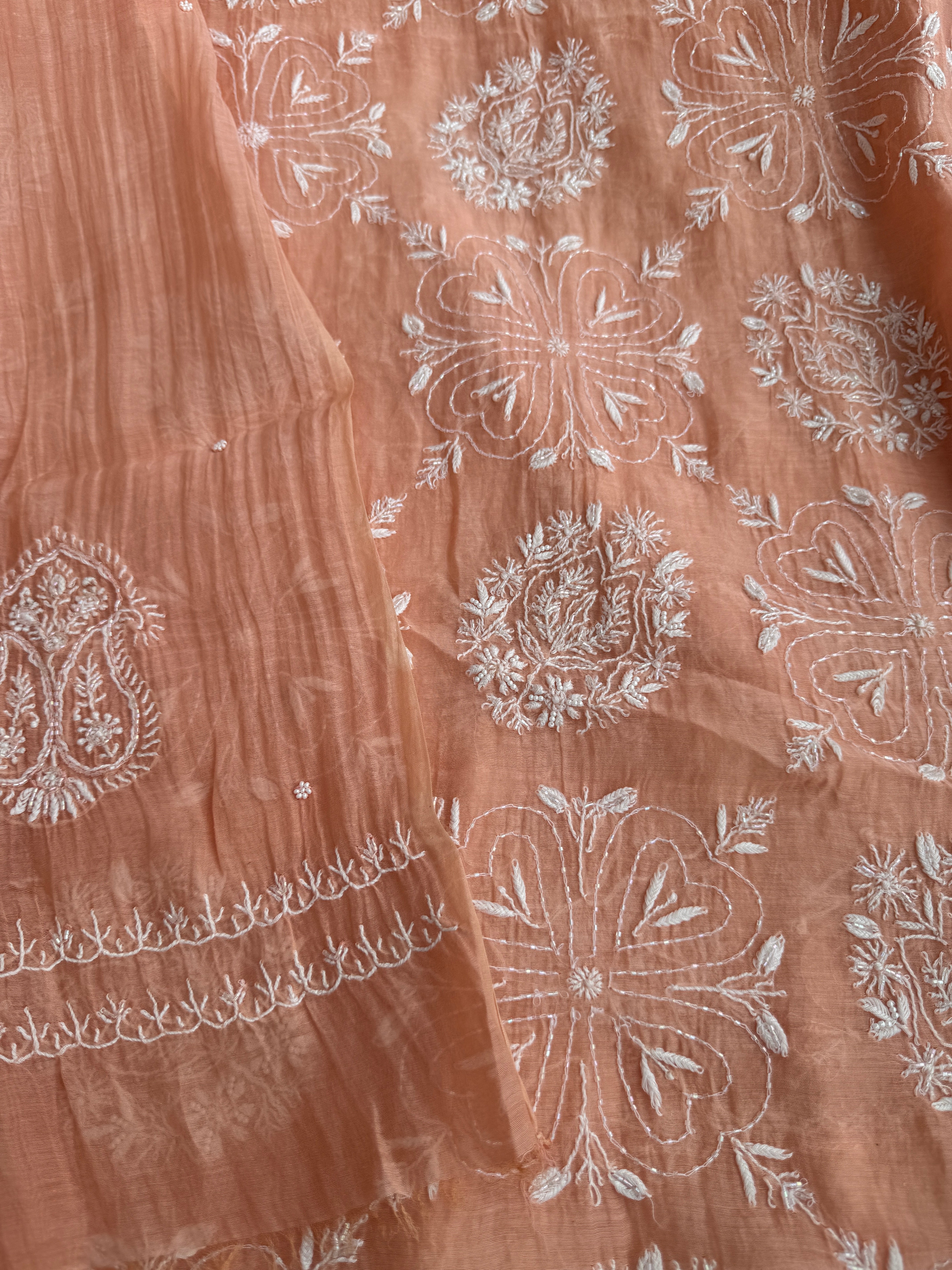 Mul Chanderi Chikankari - Heavy Unstitched Set - Peach ARIAA CHIKANKARI