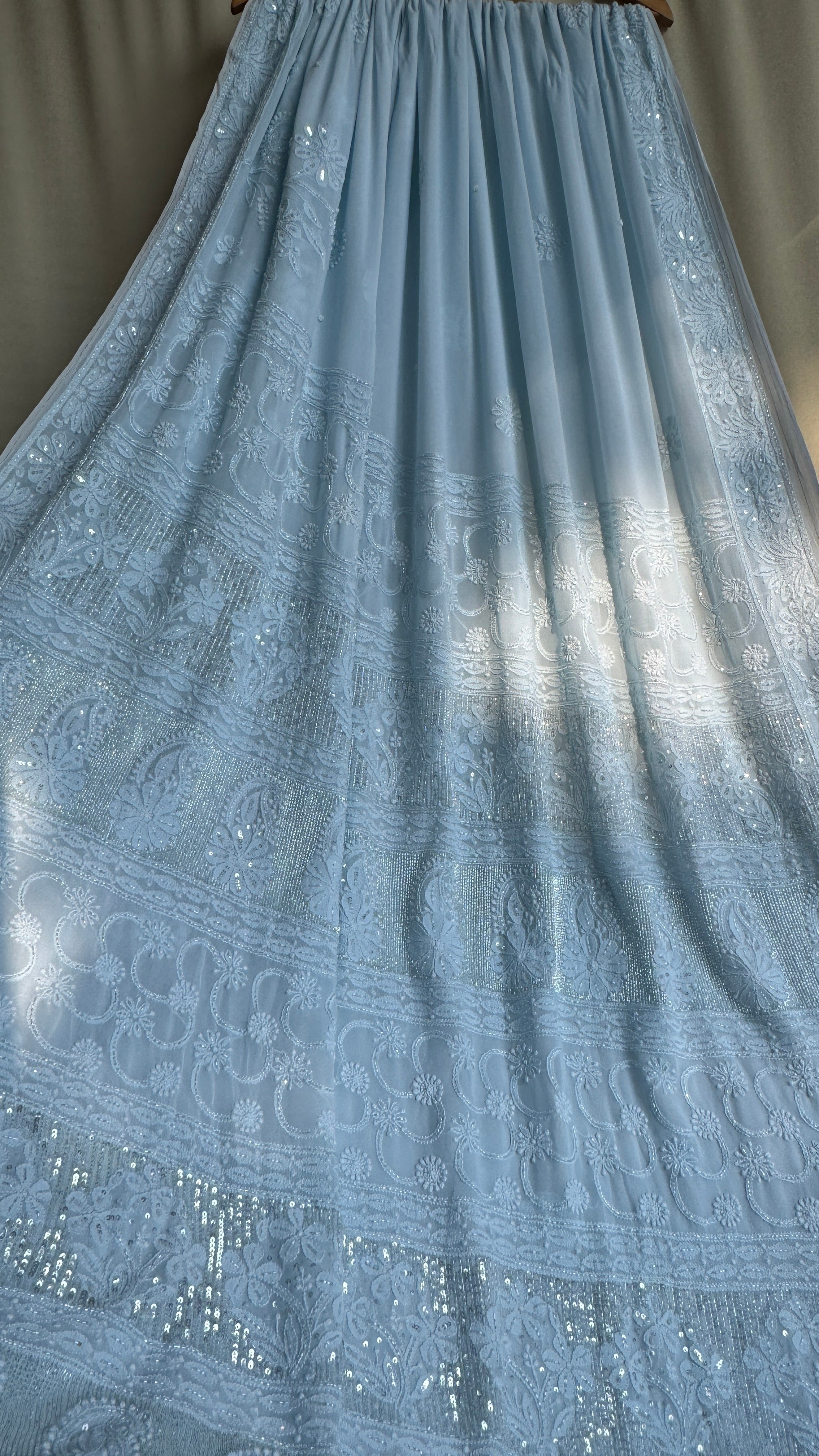 Viscose Blue Chikankari saree with Pearl embellishments