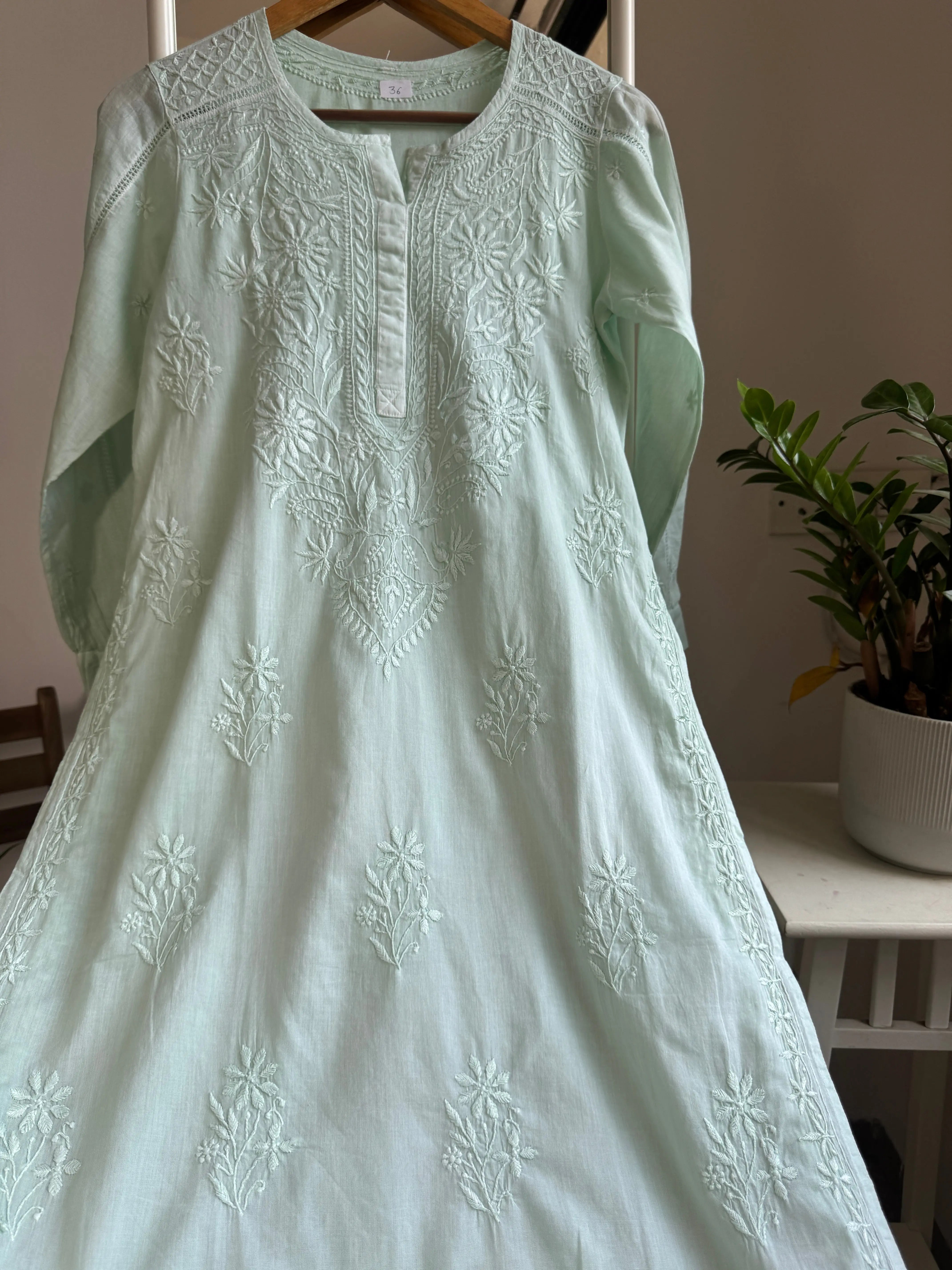 Mul Cotton Green Chikankari Kurti - Saaz Collection ARIAA CHIKANKARI
