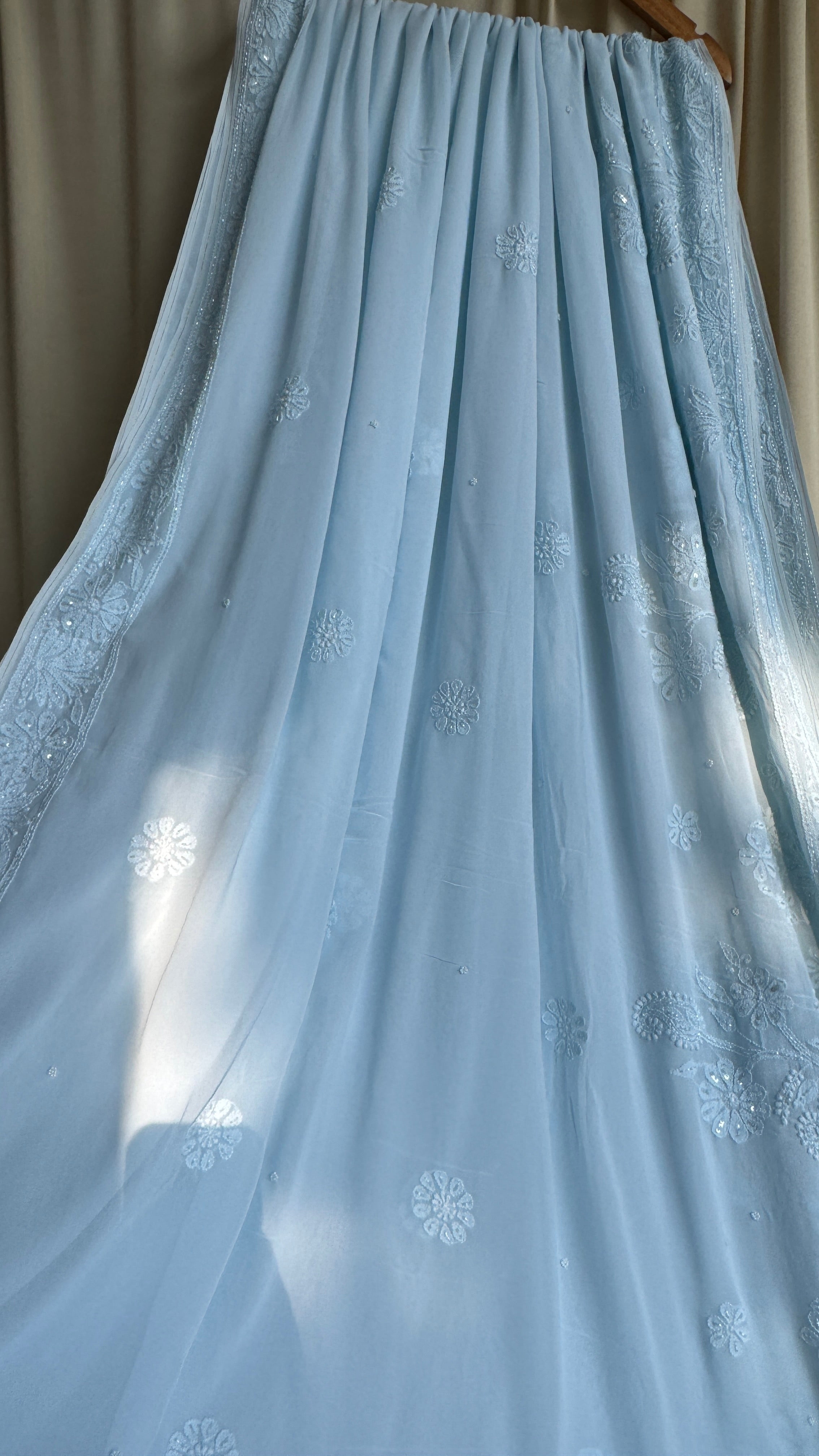 Viscose Blue Chikankari saree with Pearl embellishments