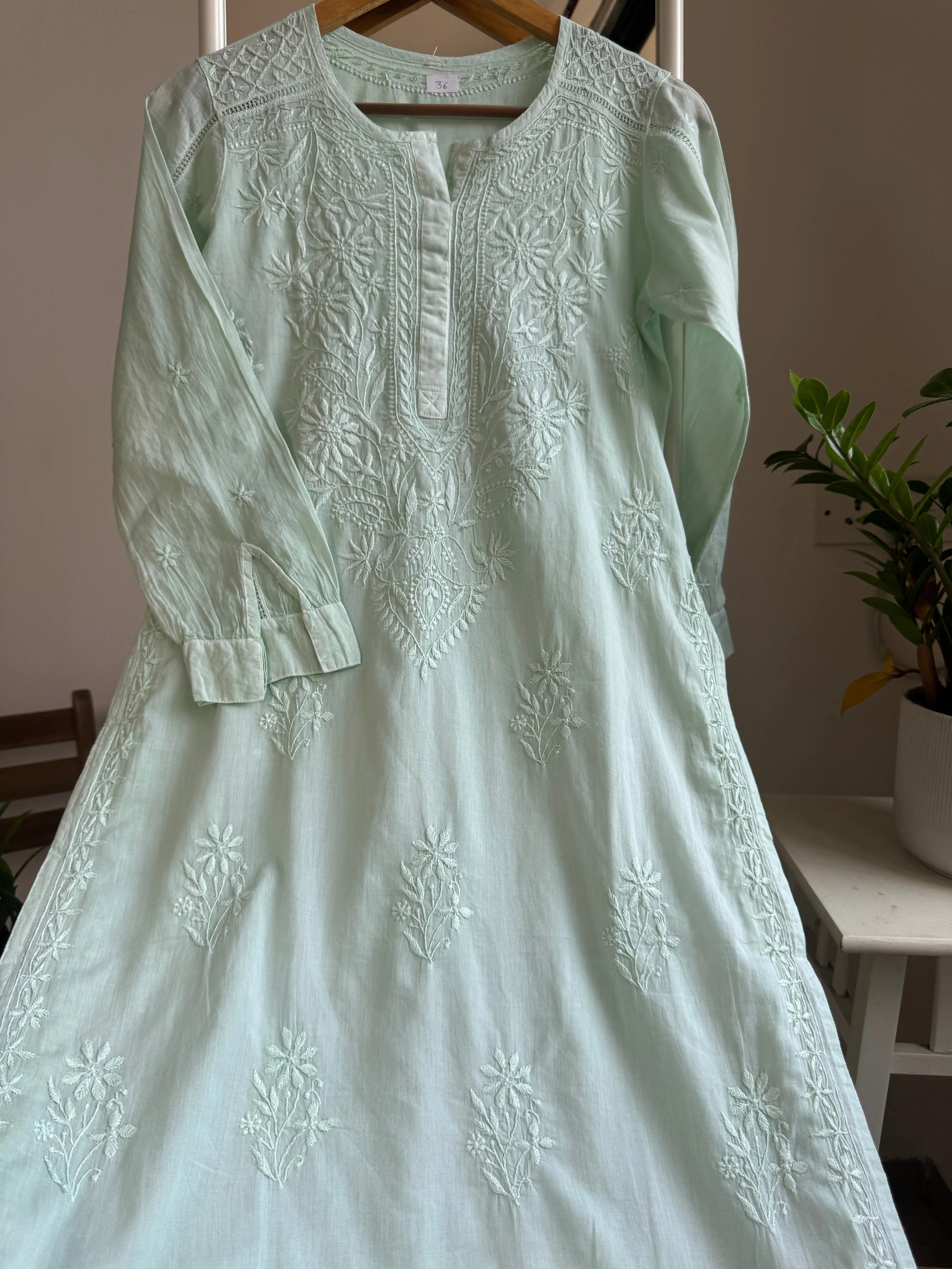 Mul Cotton Green Chikankari Kurti - Saaz Collection ARIAA CHIKANKARI
