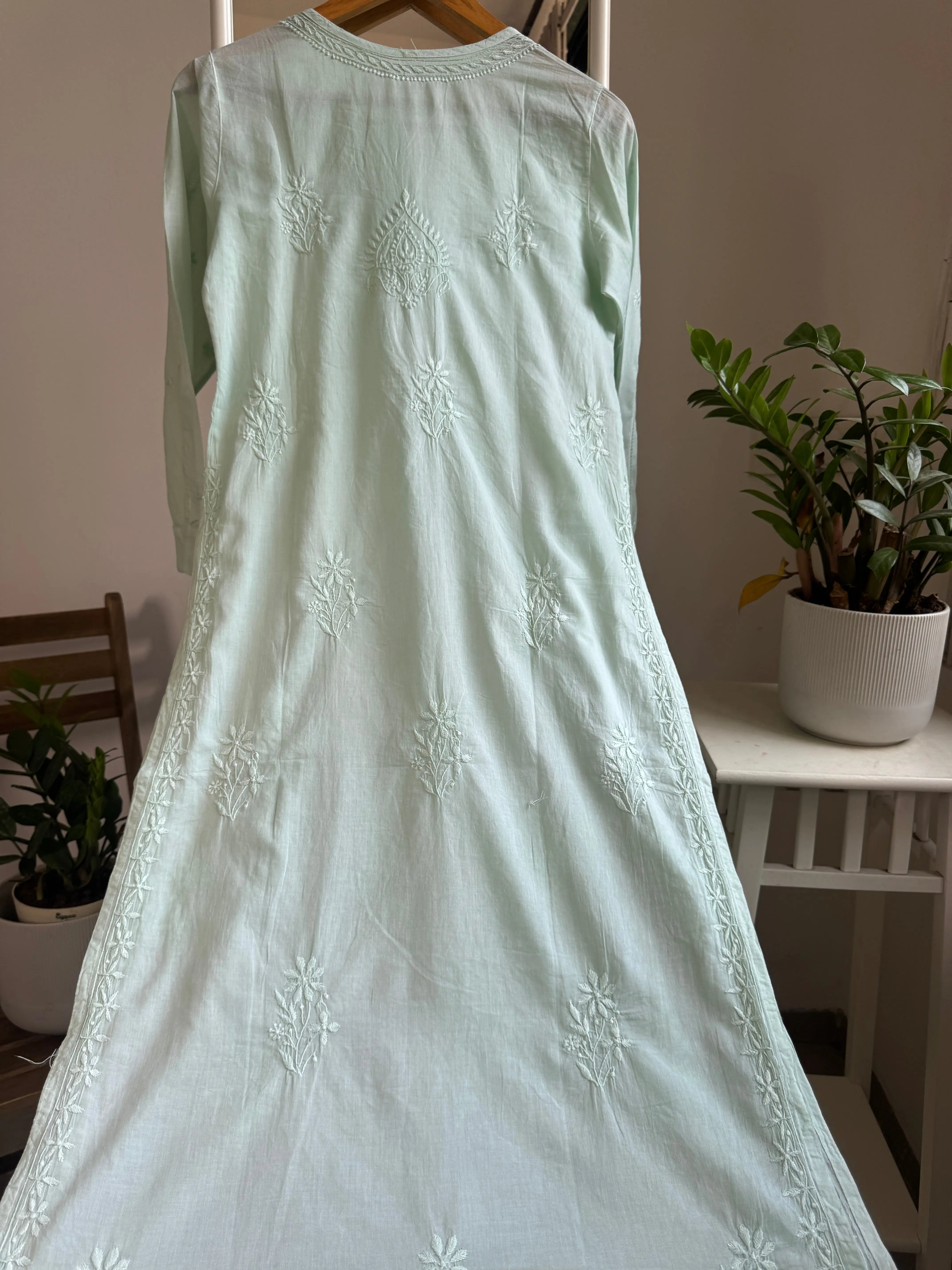 Mul Cotton Green Chikankari Kurti - Saaz Collection ARIAA CHIKANKARI