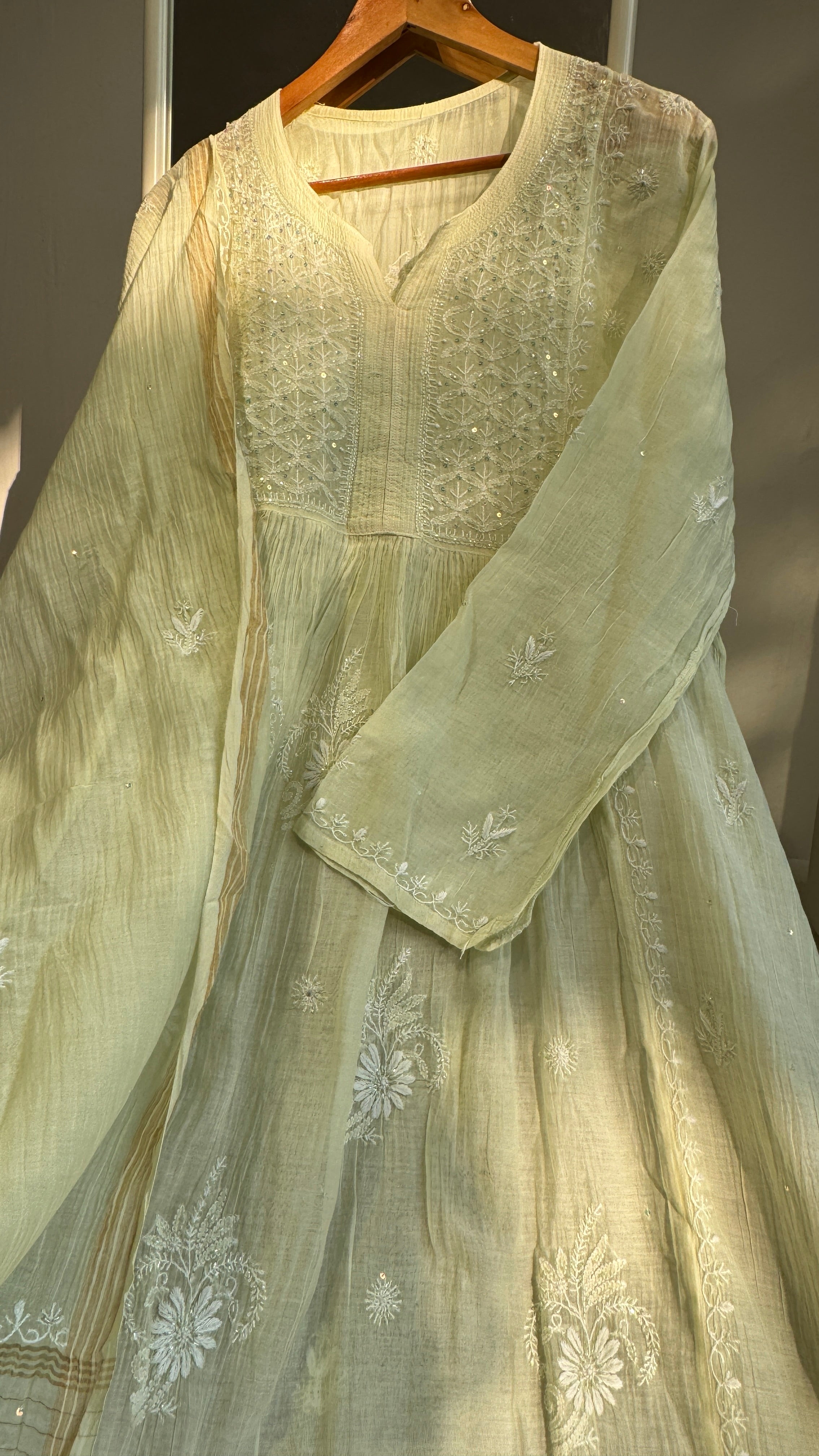 Mul Chanderi Chikankari Anarkali -Light Green