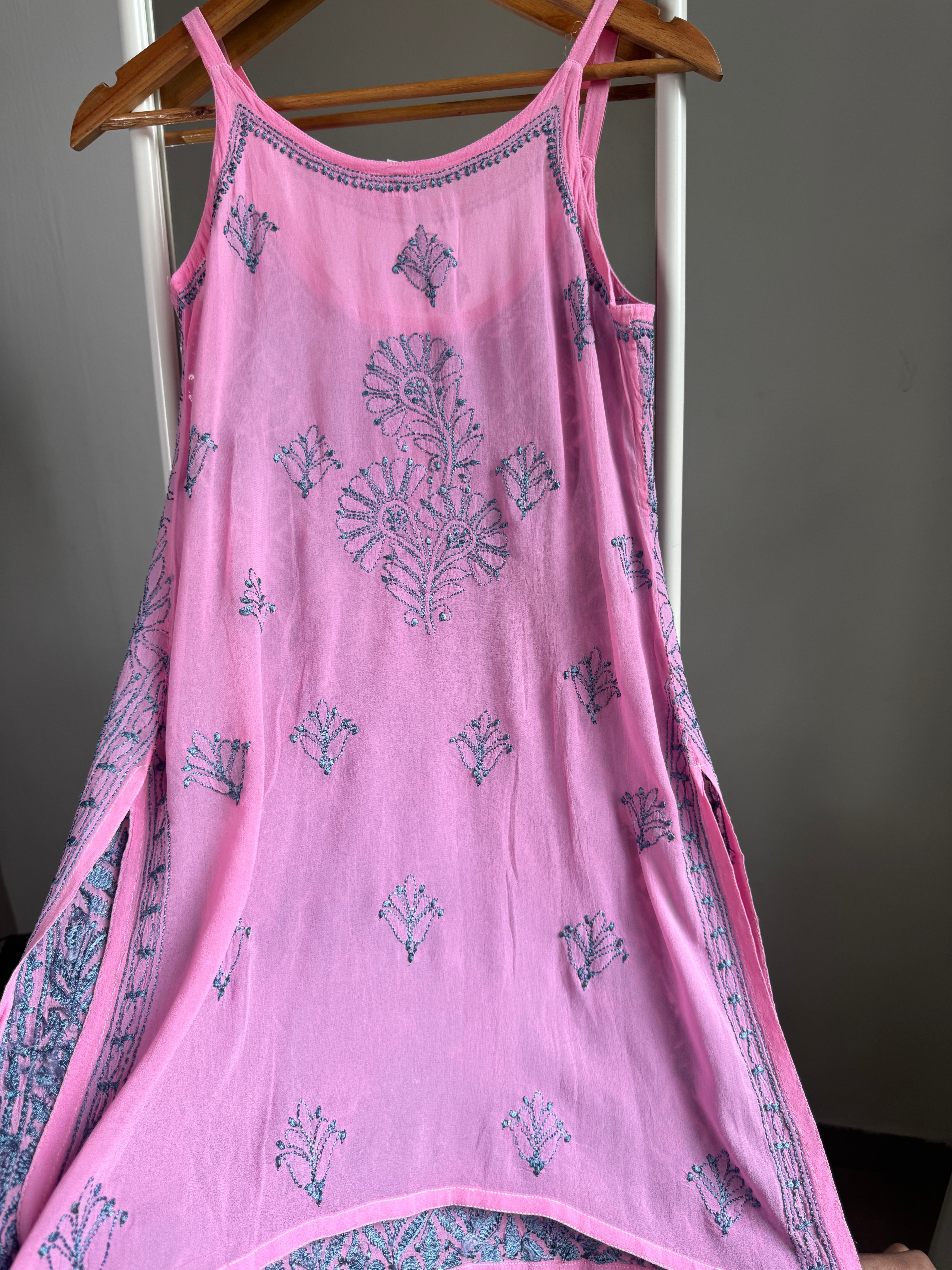 Chikankari Noodle Strap short Top in Pink - Multi Colour thread ARIAA CHIKANKARI