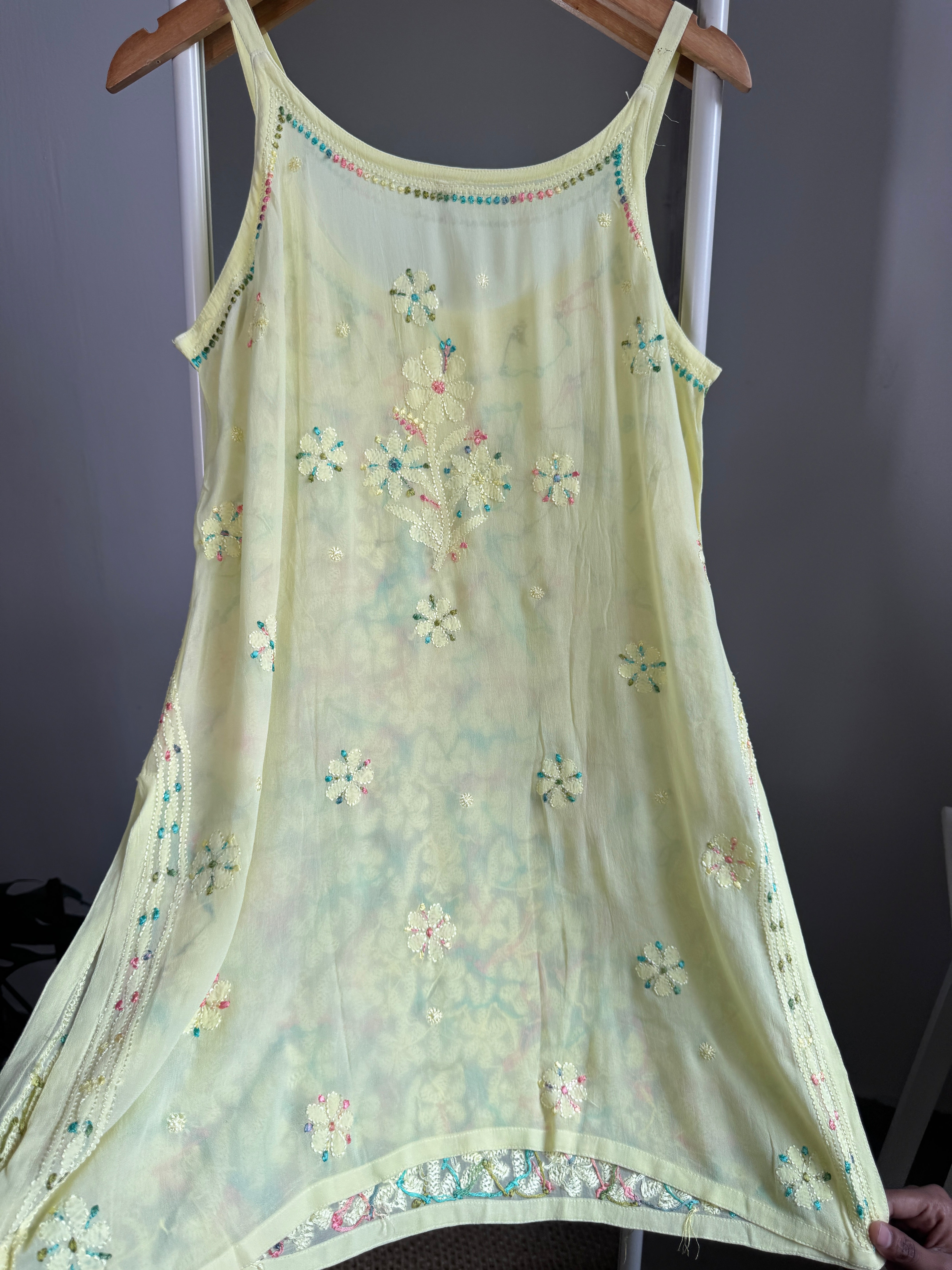 Chikankari Noodle Strap short Top in Yellow - Multi Colour thread ARIAA CHIKANKARI