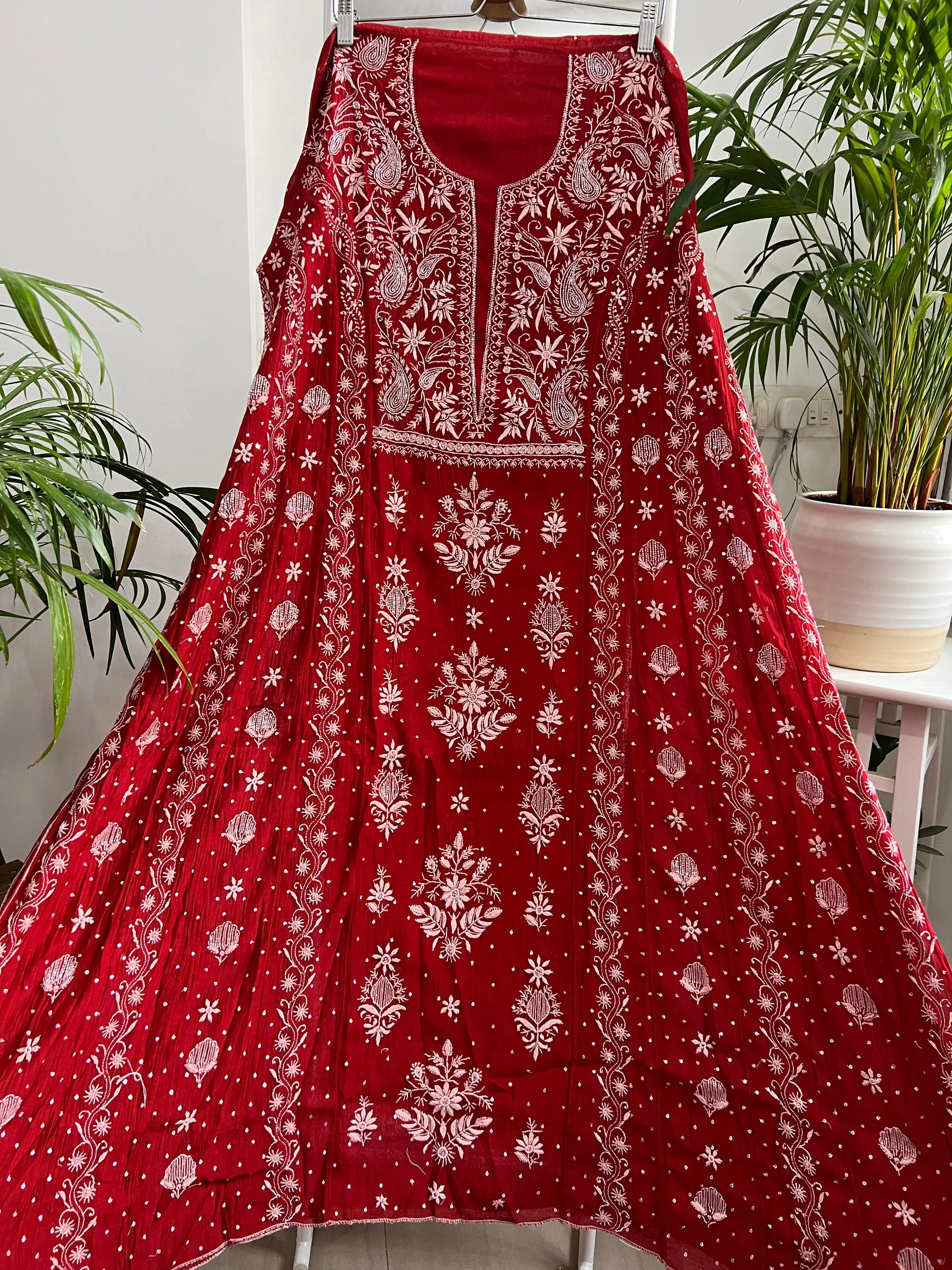 Mul Chanderi Anarkali - Red ARIAA CHIKANKARI