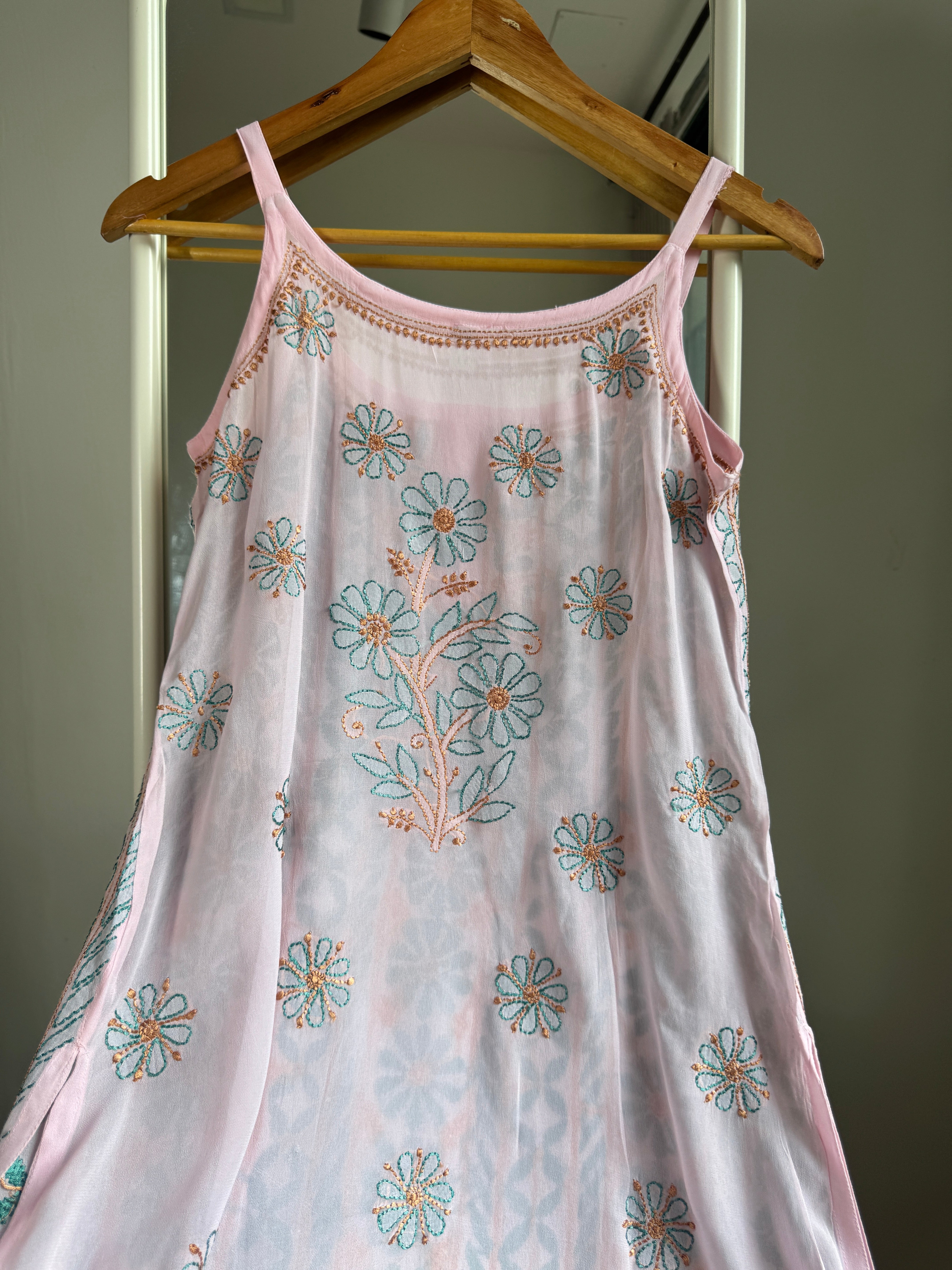 Chikankari Noodle Strap short Top in Pink - Multi Colour thread ARIAA CHIKANKARI