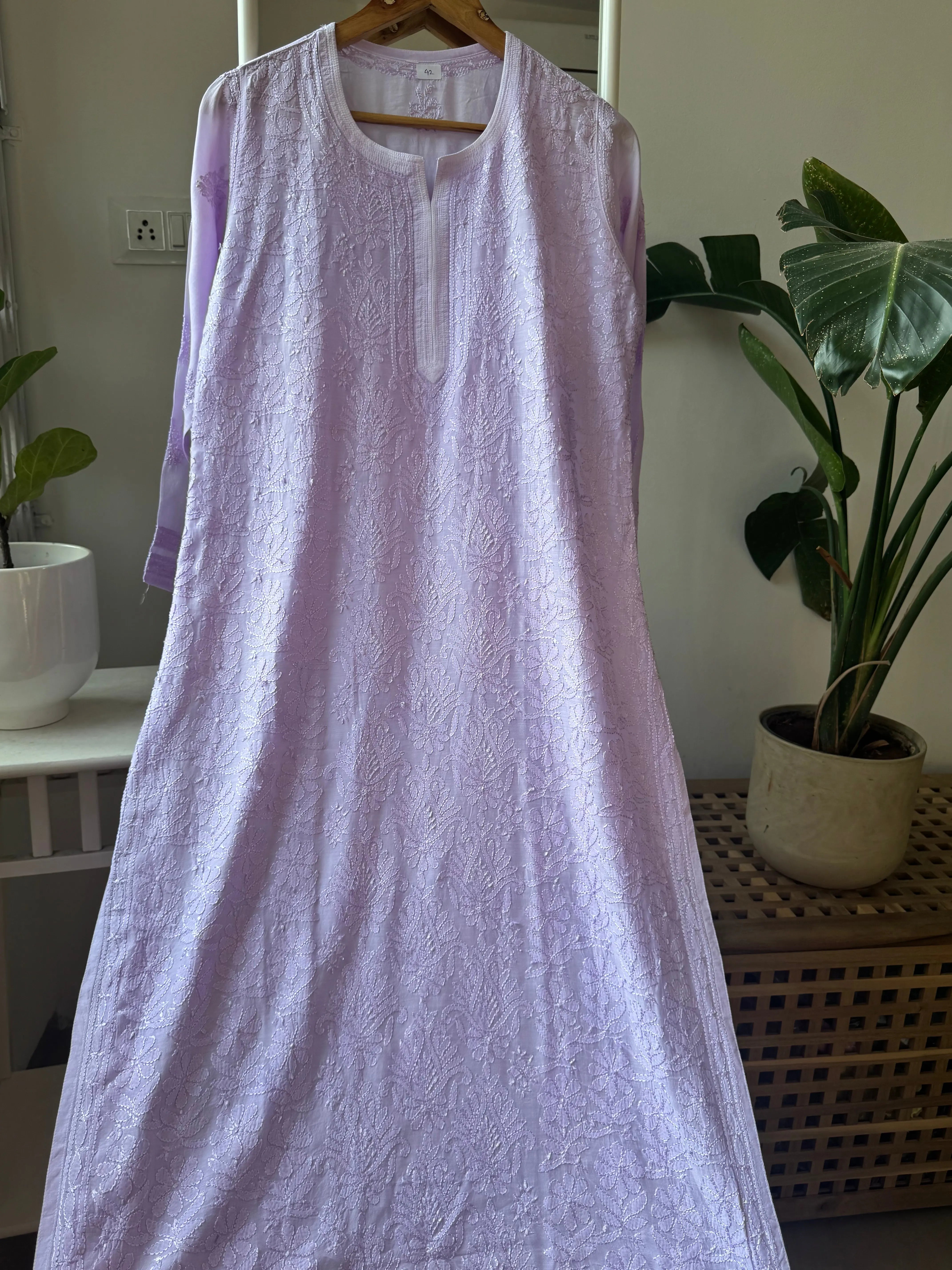 Muslin Chikankari Kurti - Lilac ARIAA CHIKANKARI