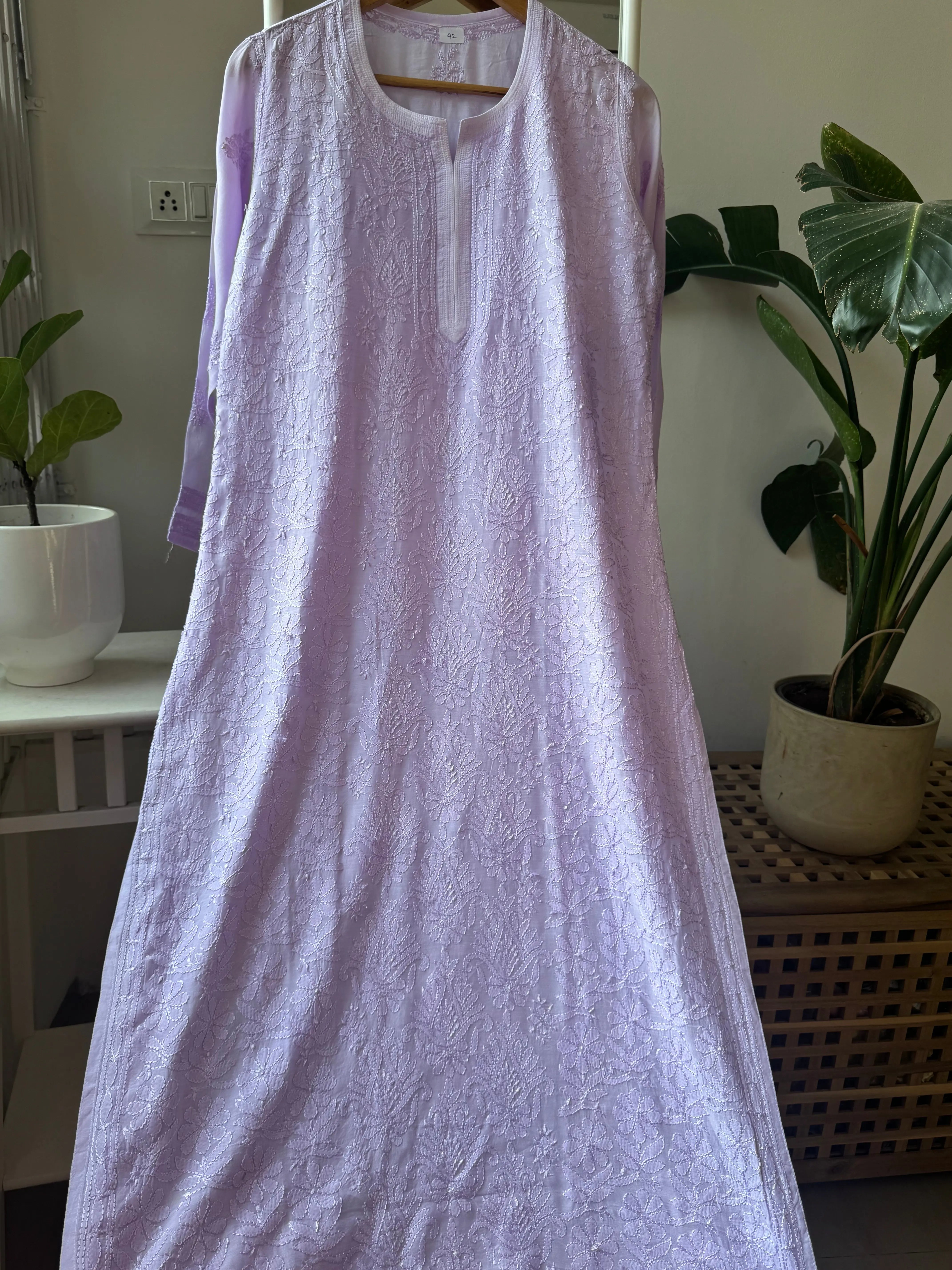 Muslin Chikankari Kurti - Lilac ARIAA CHIKANKARI