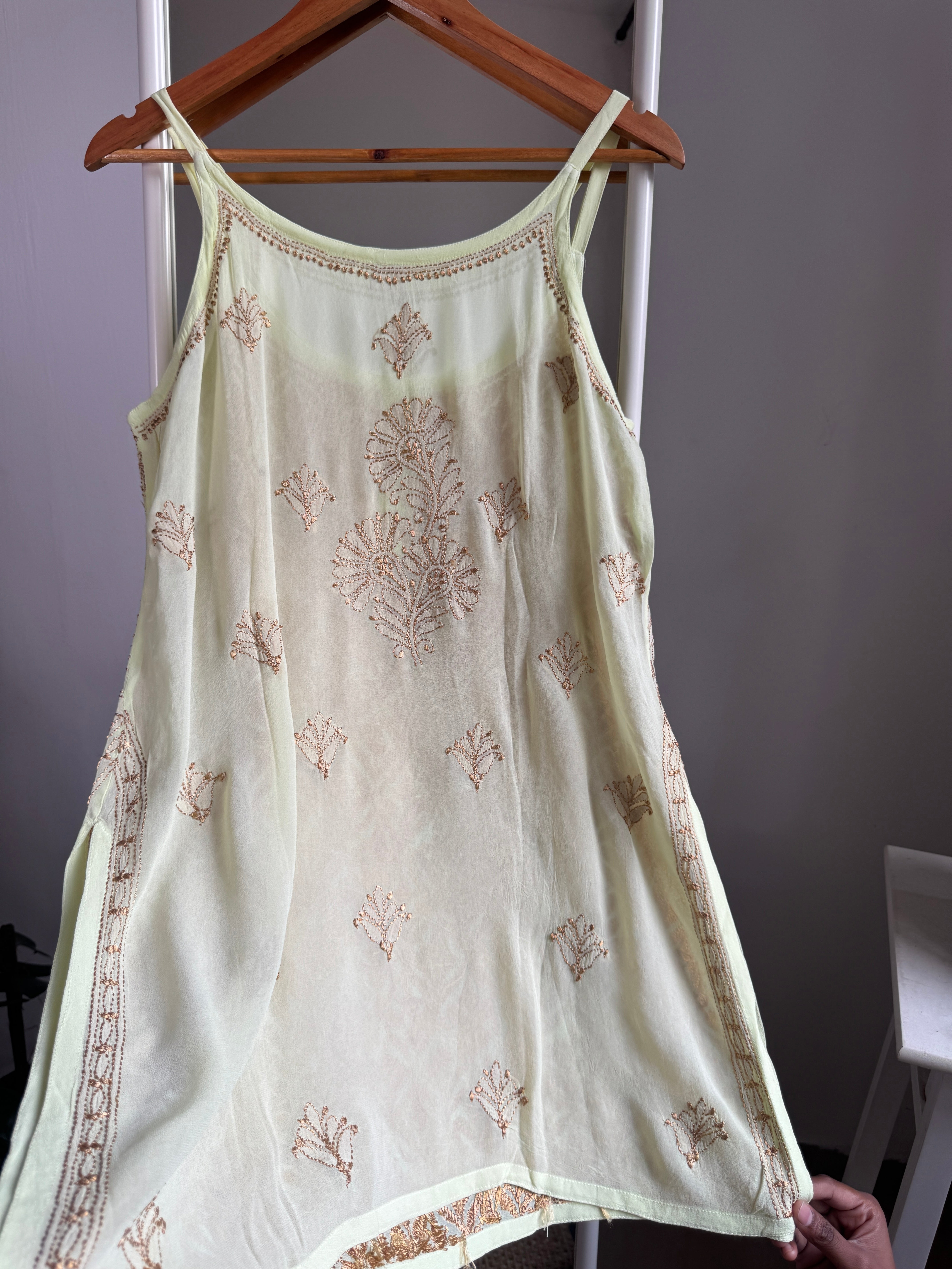 Chikankari Noodle Strap short Top in Green - Multi Colour thread ARIAA CHIKANKARI