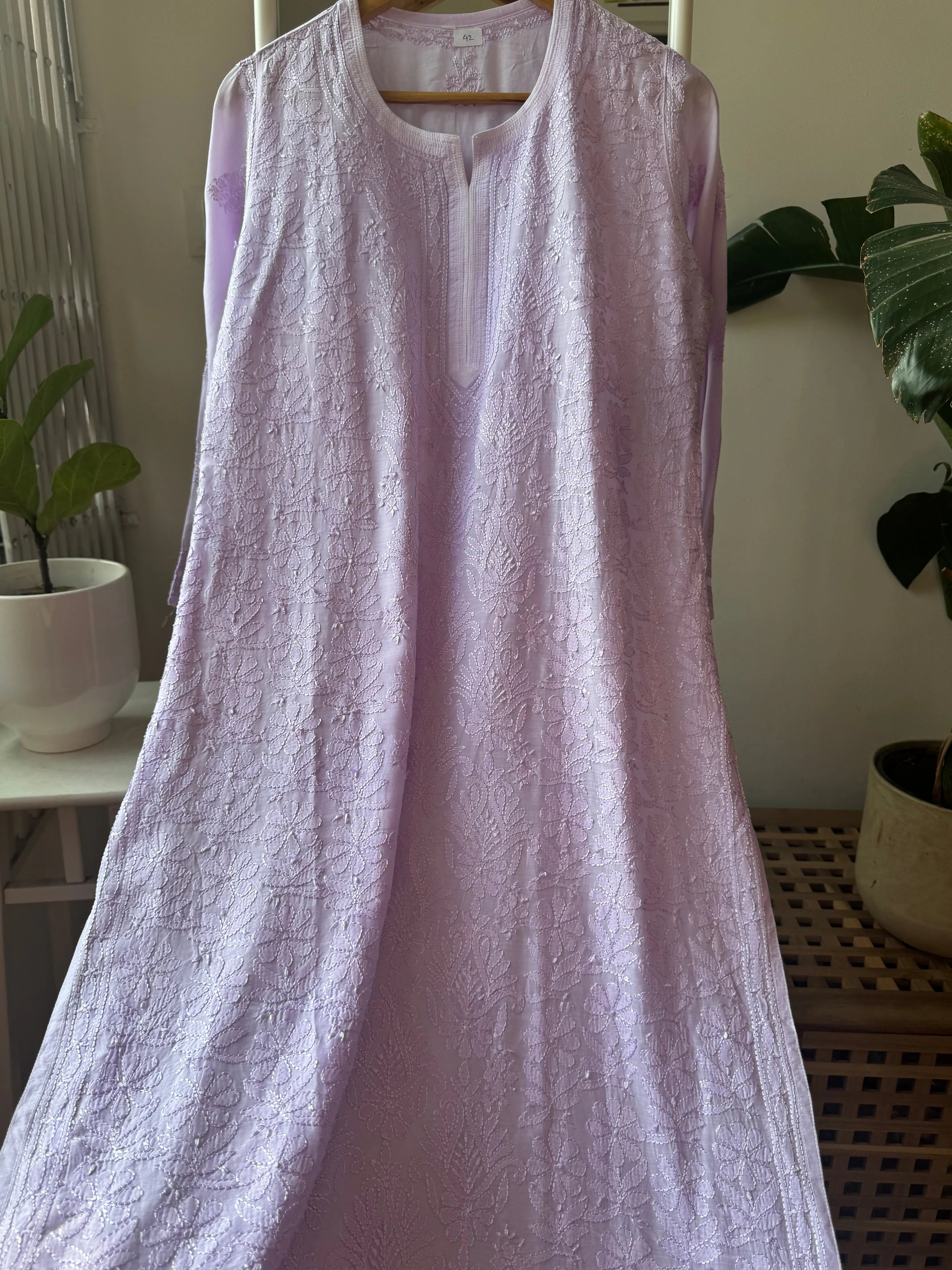 Muslin Chikankari Kurti - Lilac ARIAA CHIKANKARI