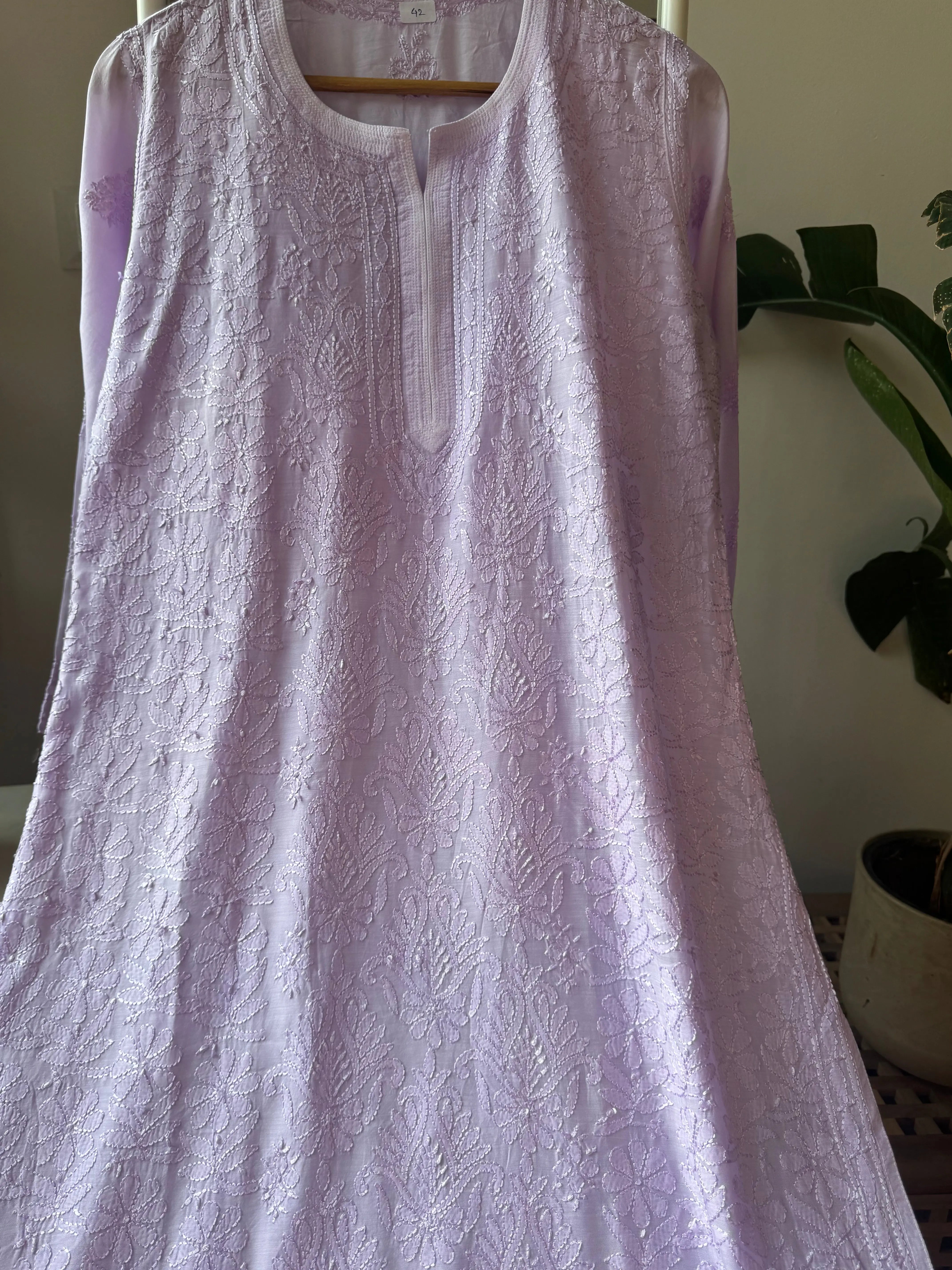 Muslin Chikankari Kurti - Lilac ARIAA CHIKANKARI