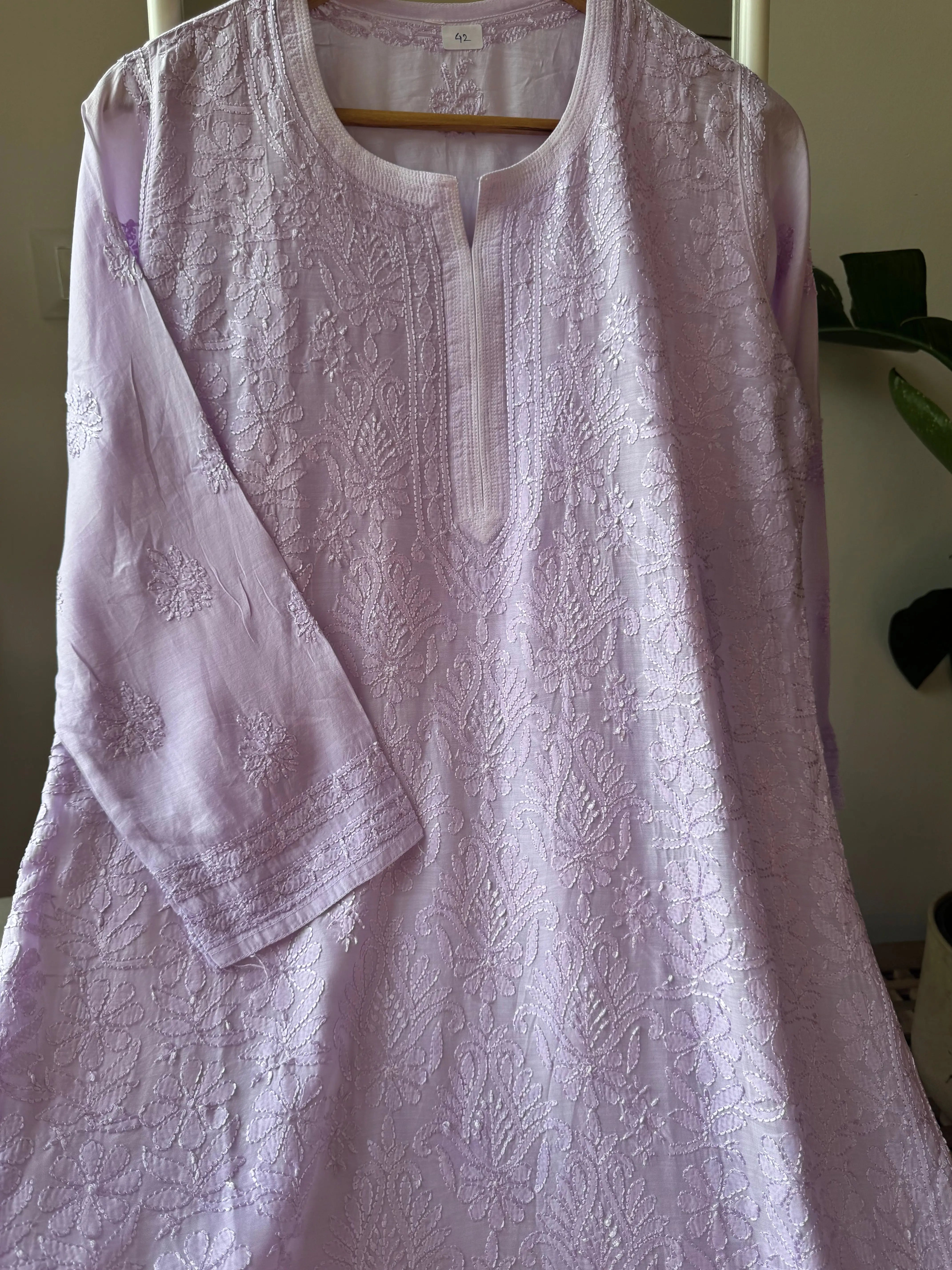 Muslin Chikankari Kurti - Lilac ARIAA CHIKANKARI