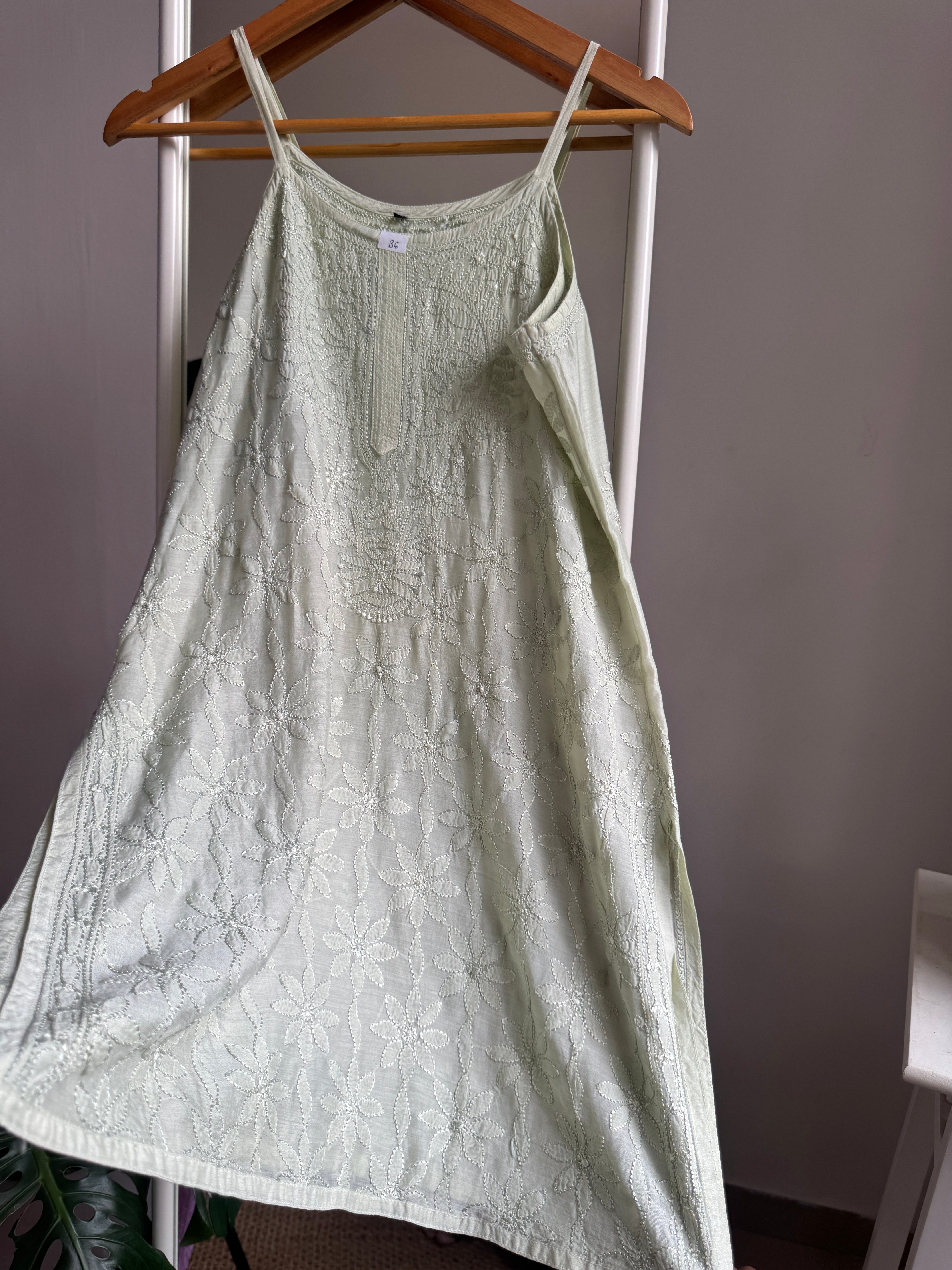 Muslin Chikankari Noodle Strap short Top - Sheen Green ARIAA CHIKANKARI