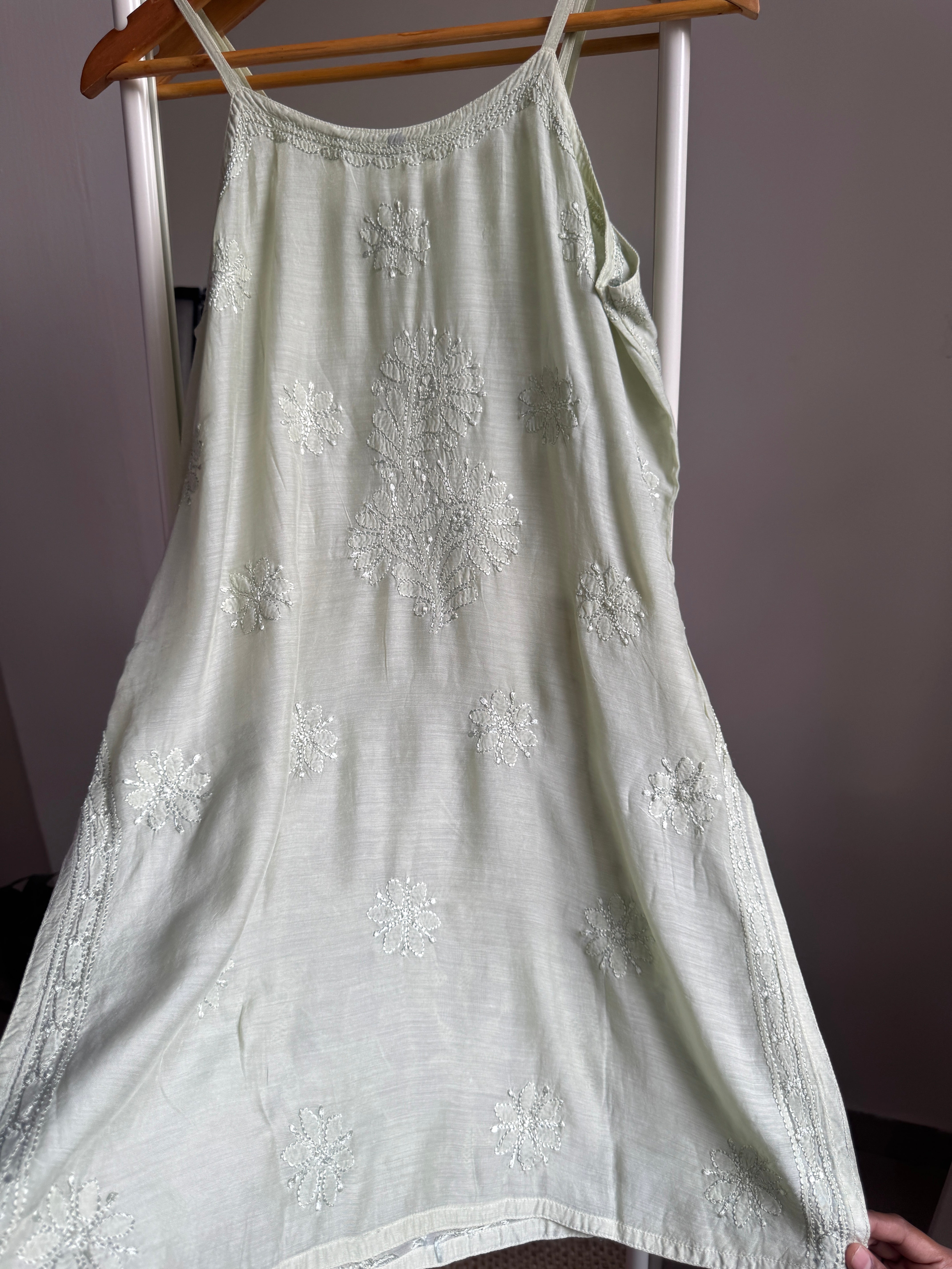 Muslin Chikankari Noodle Strap short Top - Sheen Green ARIAA CHIKANKARI