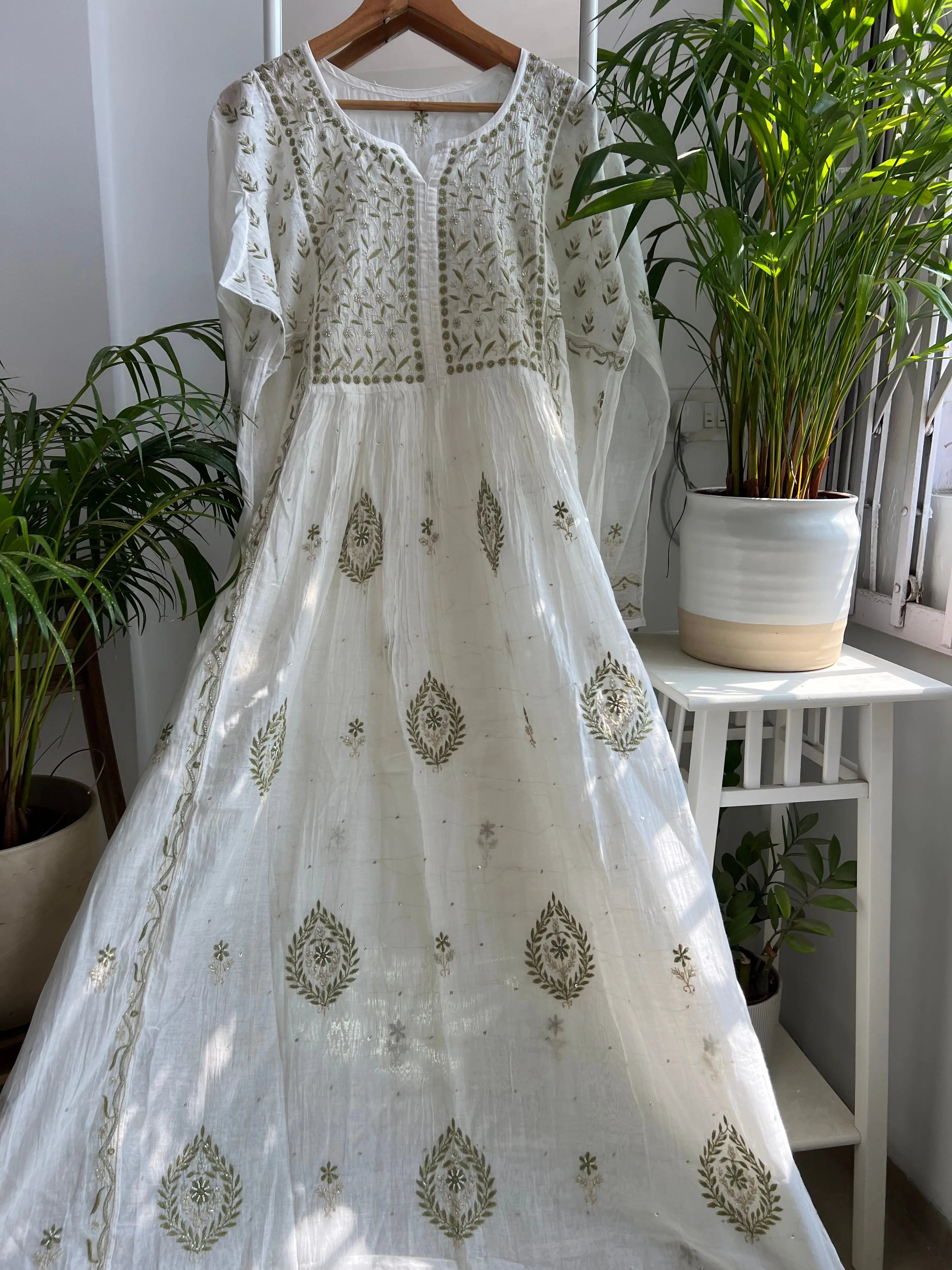 Mul Chanderi Anarkali -White with Multicolor thread ARIAA CHIKANKARI
