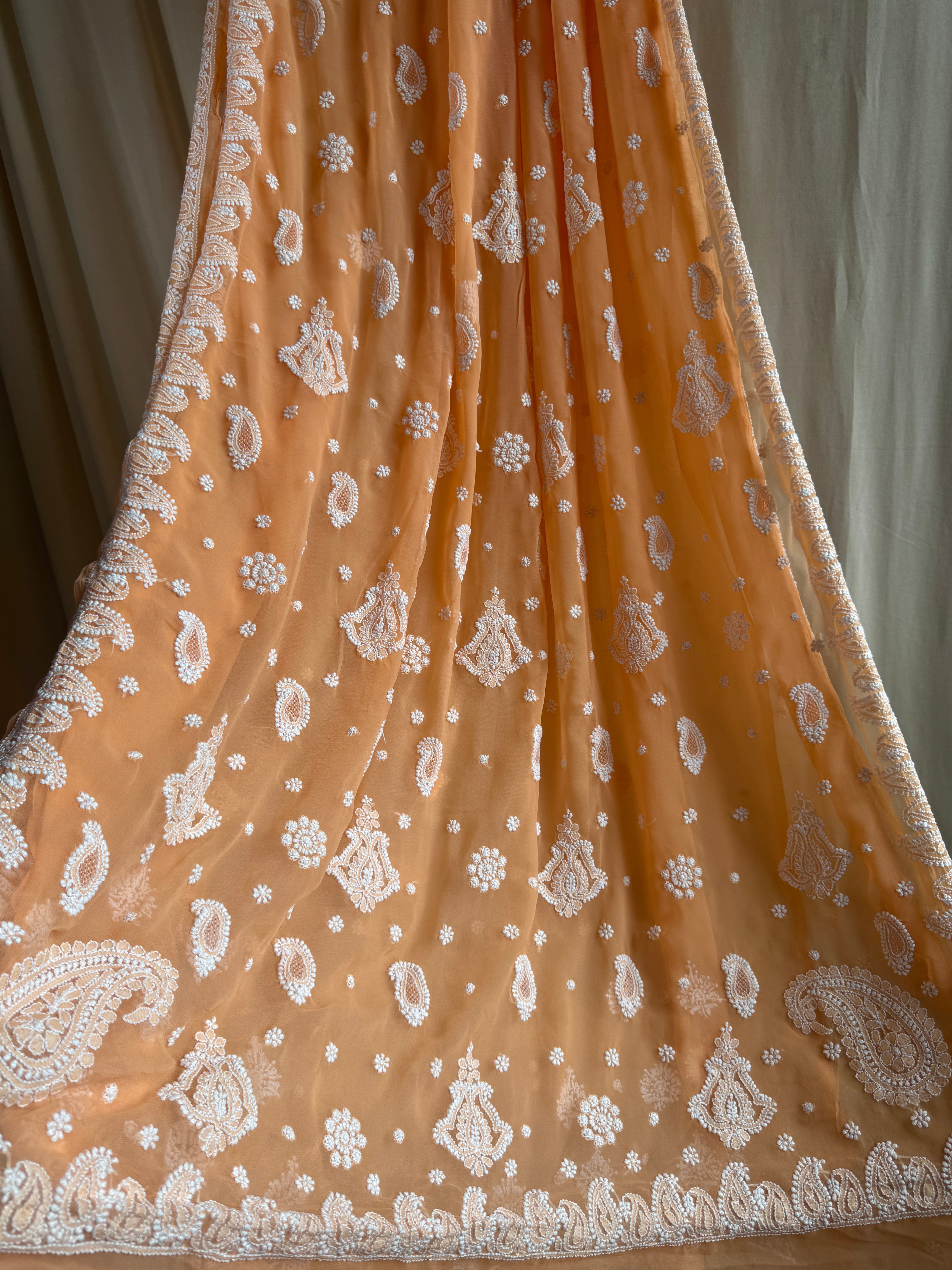 Georgette Chikankari saree in Sunset Orange ARIAA CHIKANKARI
