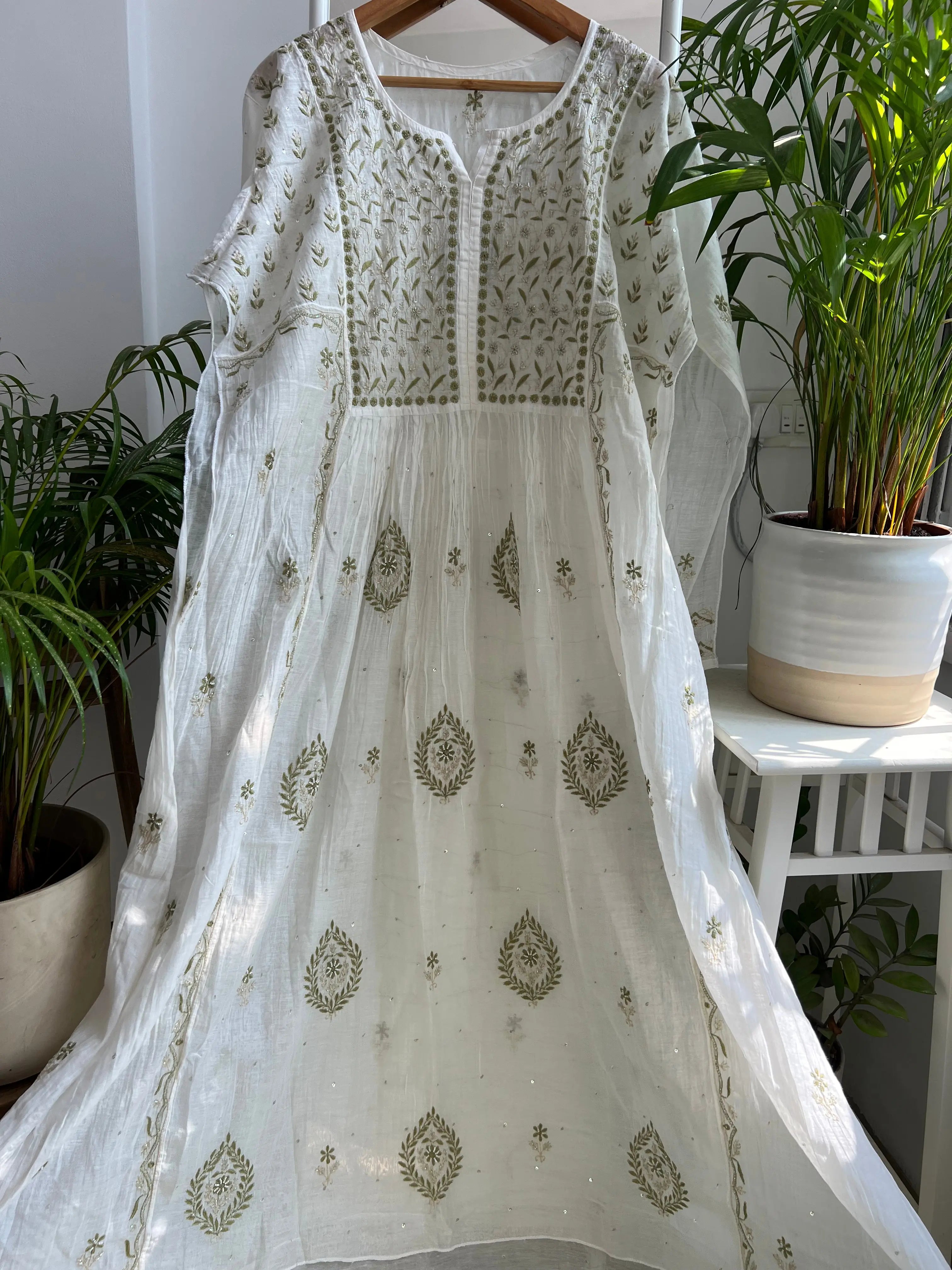 Mul Chanderi Anarkali -White with Multicolor thread ARIAA CHIKANKARI