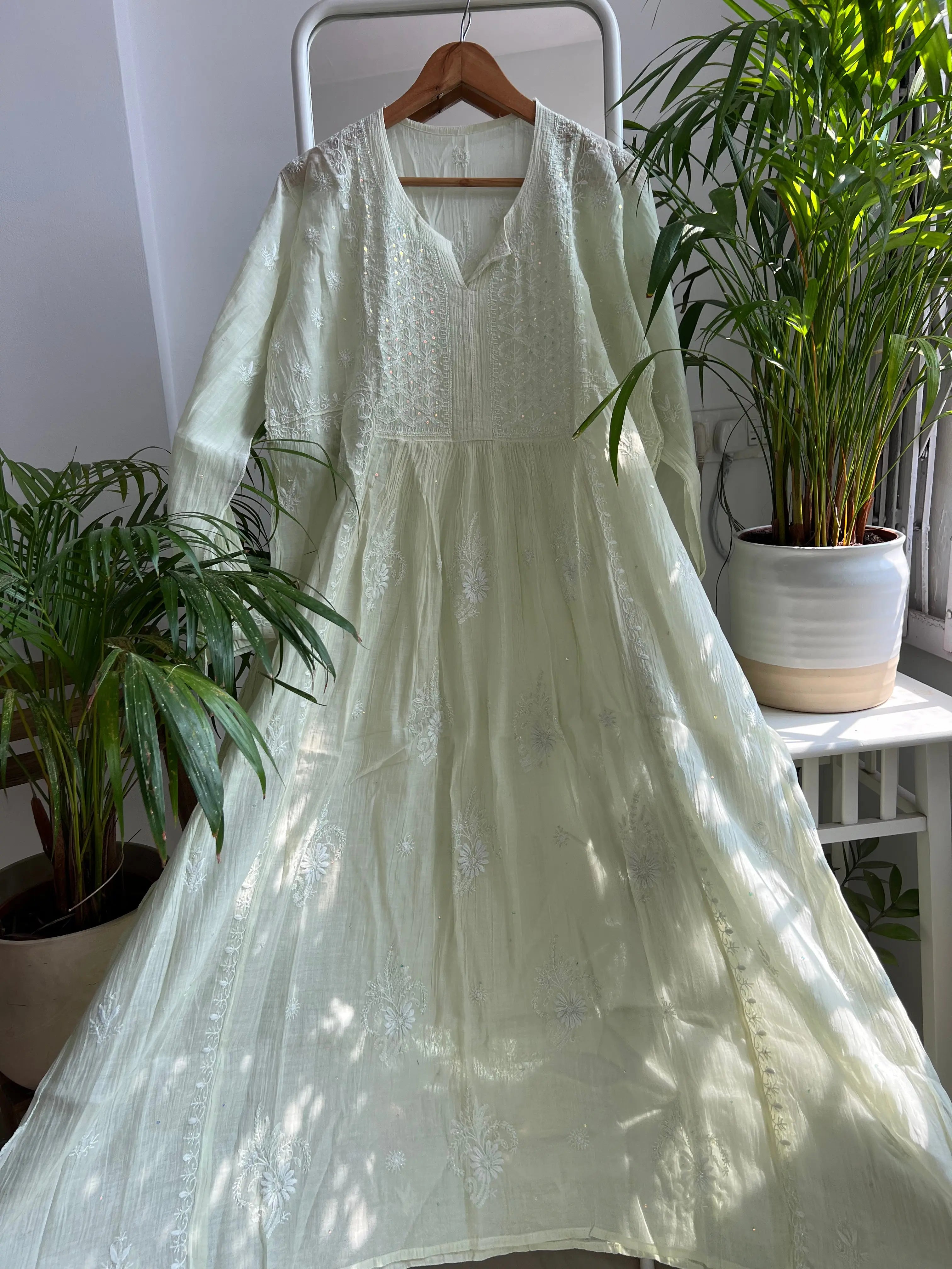 Mul Chanderi Anarkali -Light Green ARIAA CHIKANKARI