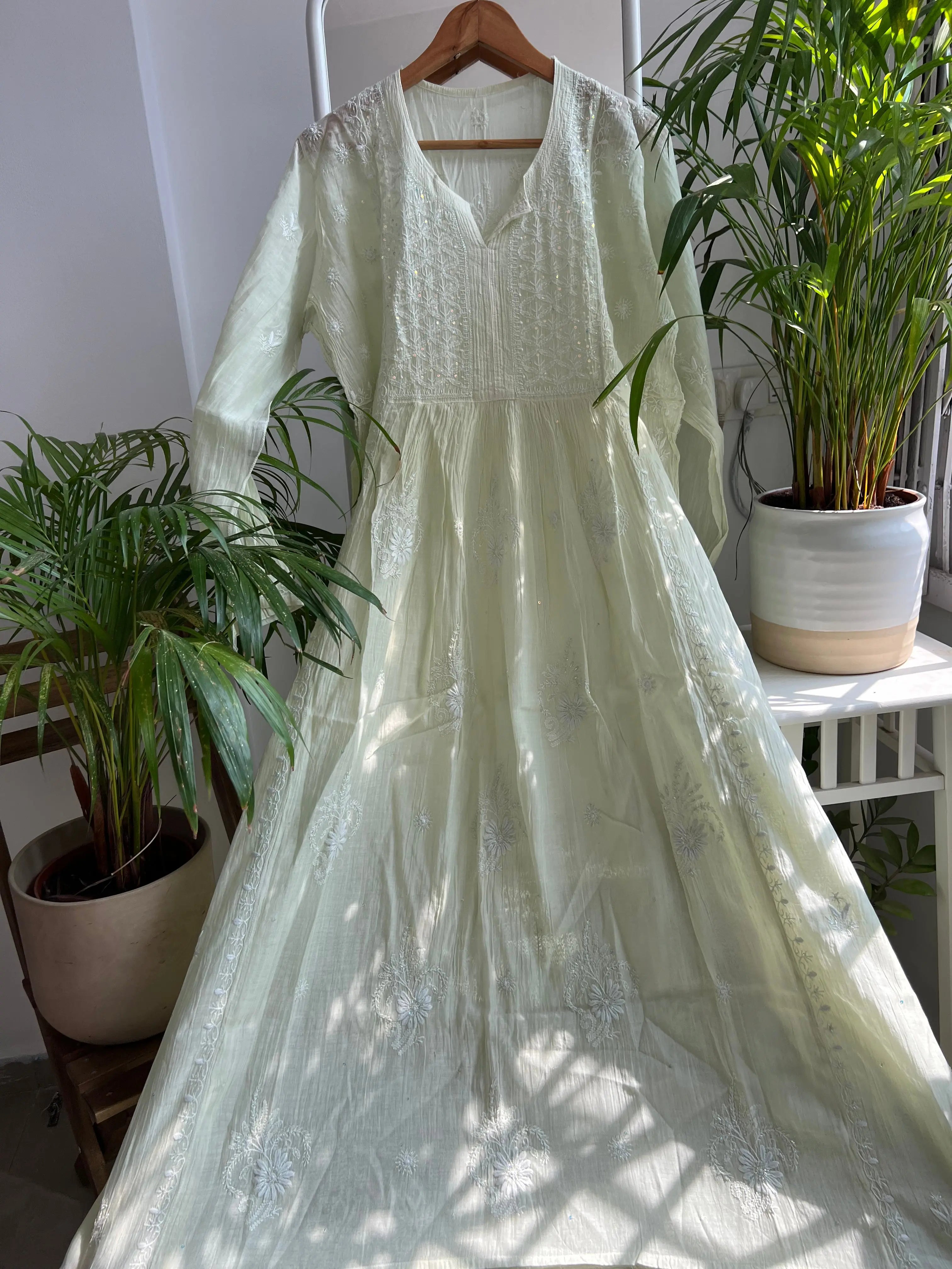 Mul Chanderi Anarkali -Light Green ARIAA CHIKANKARI