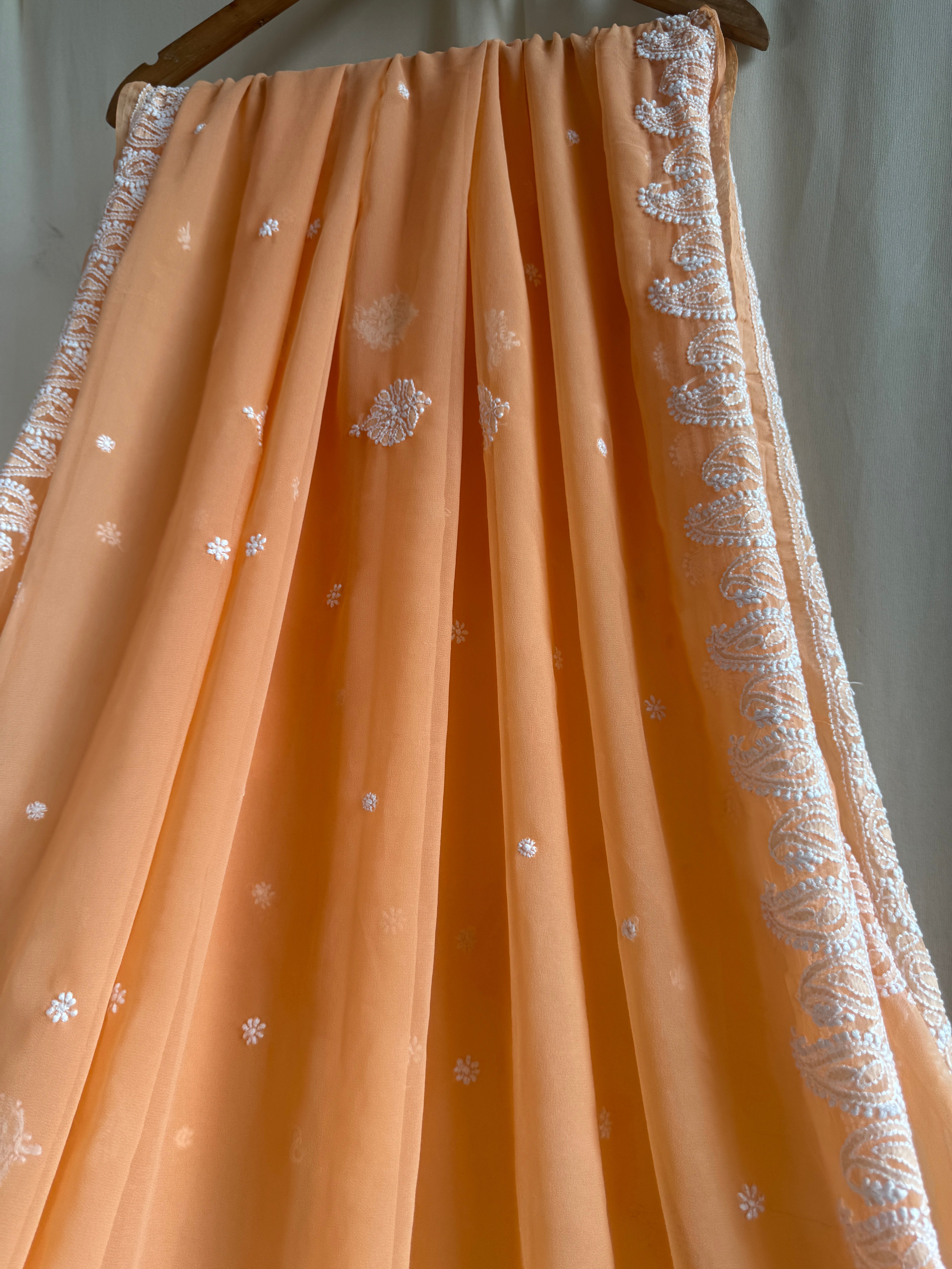 Georgette Chikankari saree in Sunset Orange ARIAA CHIKANKARI