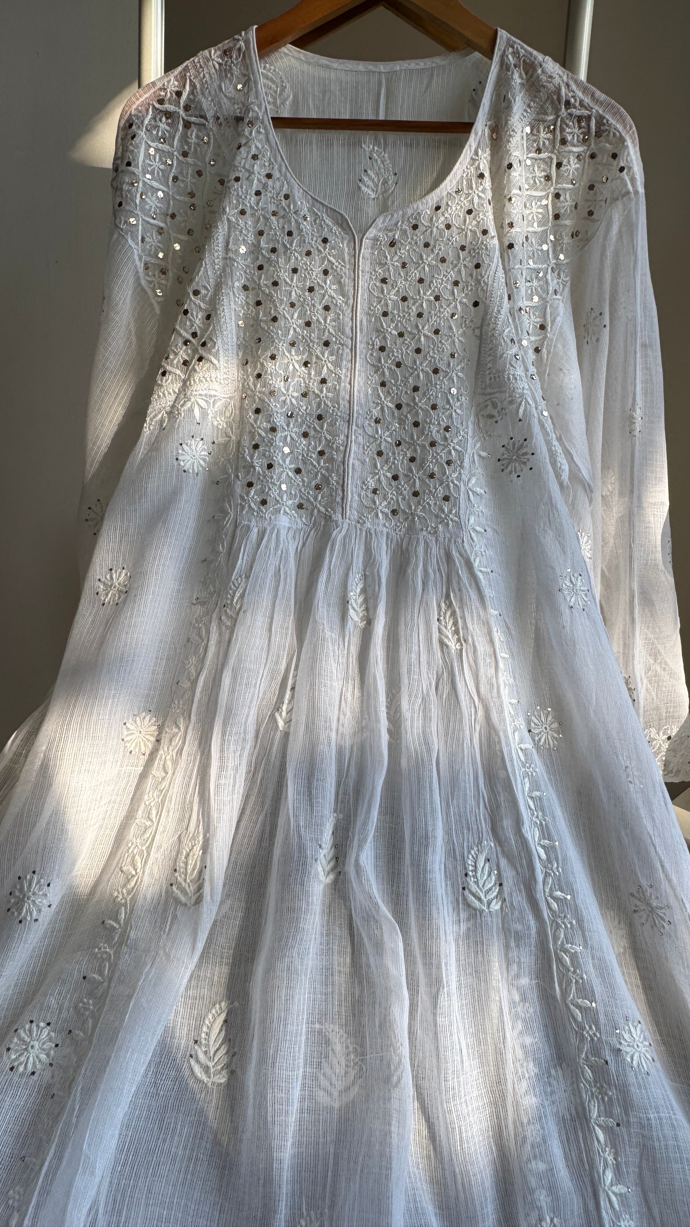 Mul Chanderi Chikankari Anarkali - White