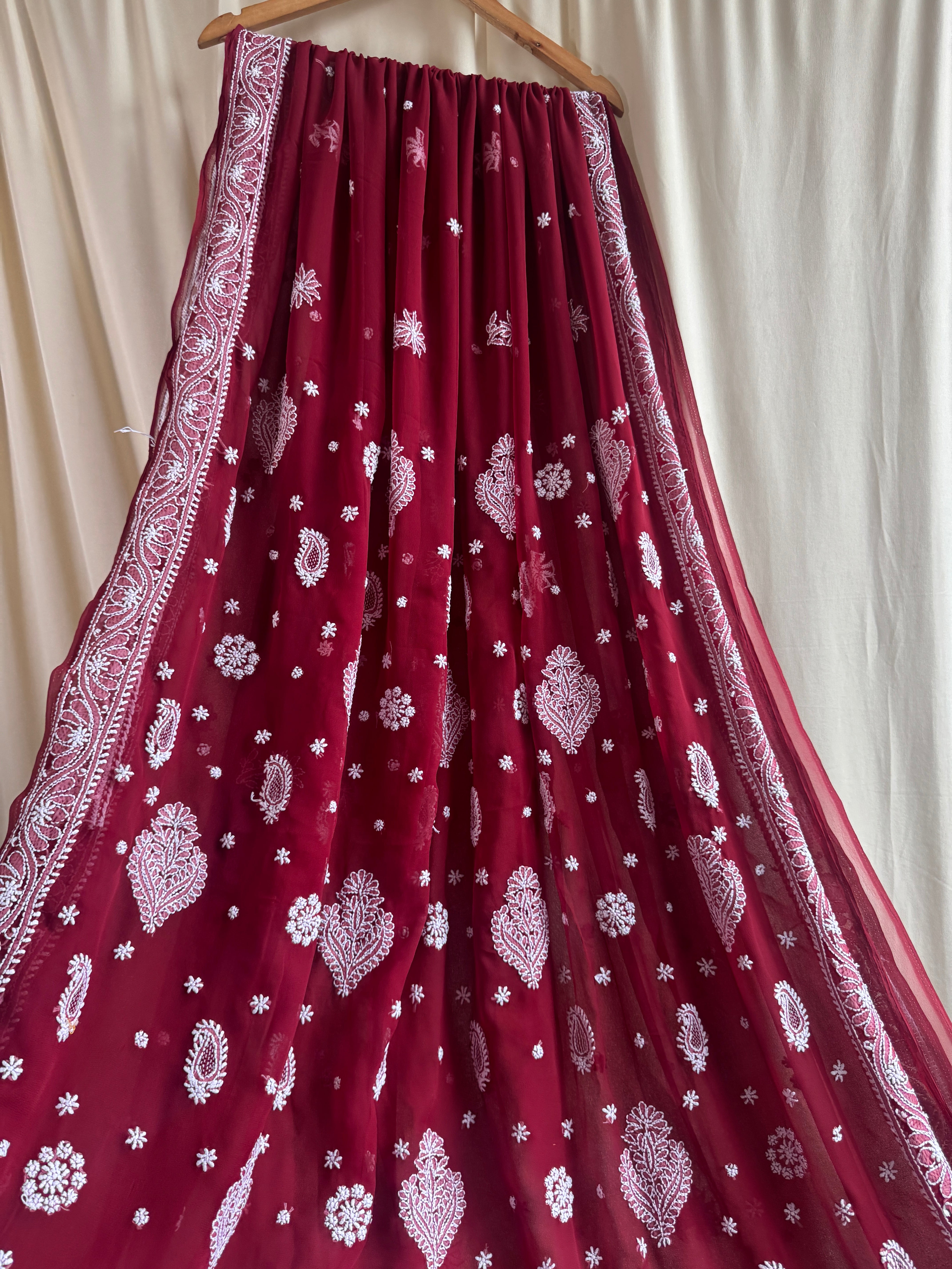 Georgette Chikankari saree in Maroon ARIAA CHIKANKARI