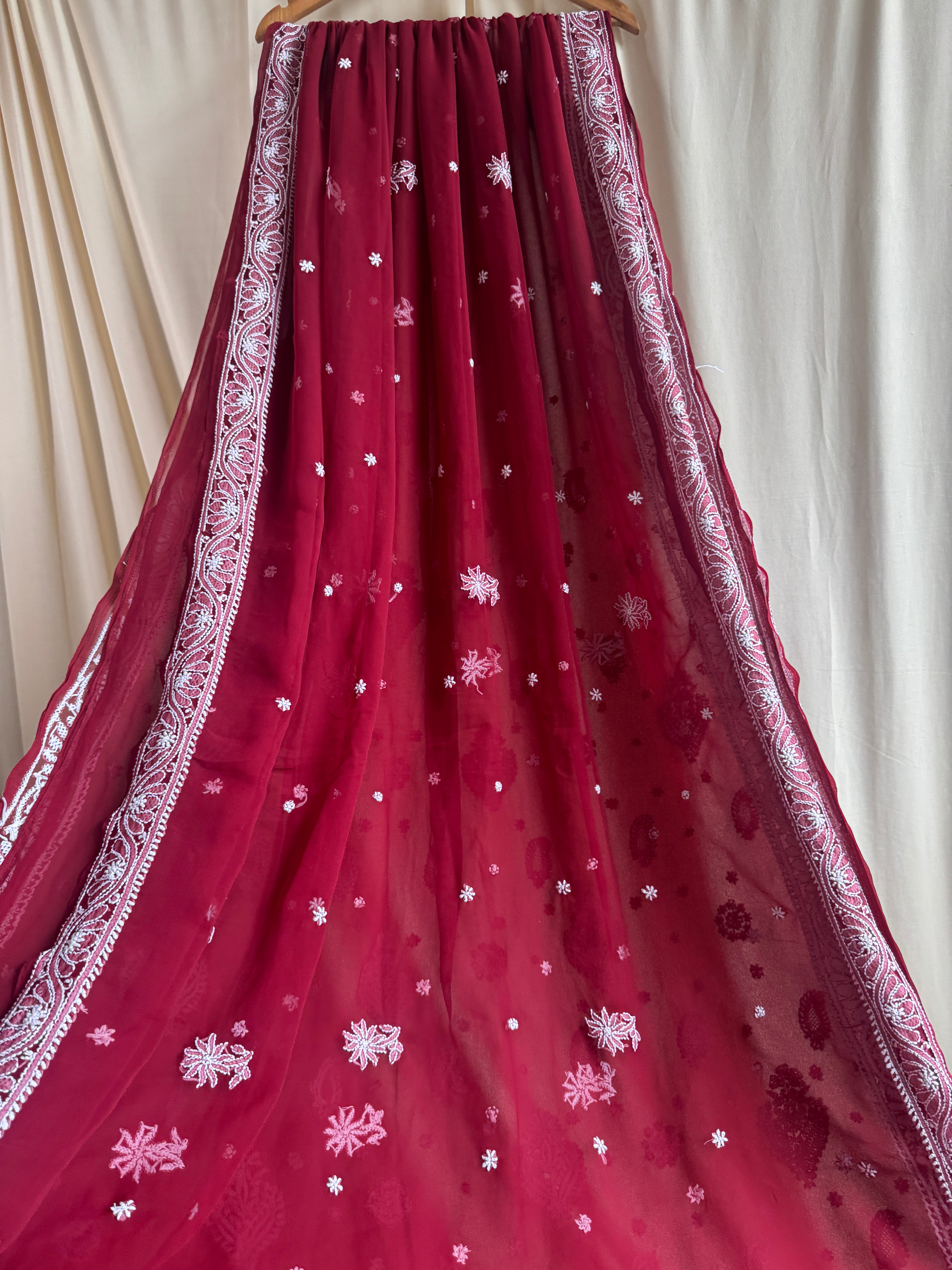 Georgette Chikankari saree in Maroon ARIAA CHIKANKARI