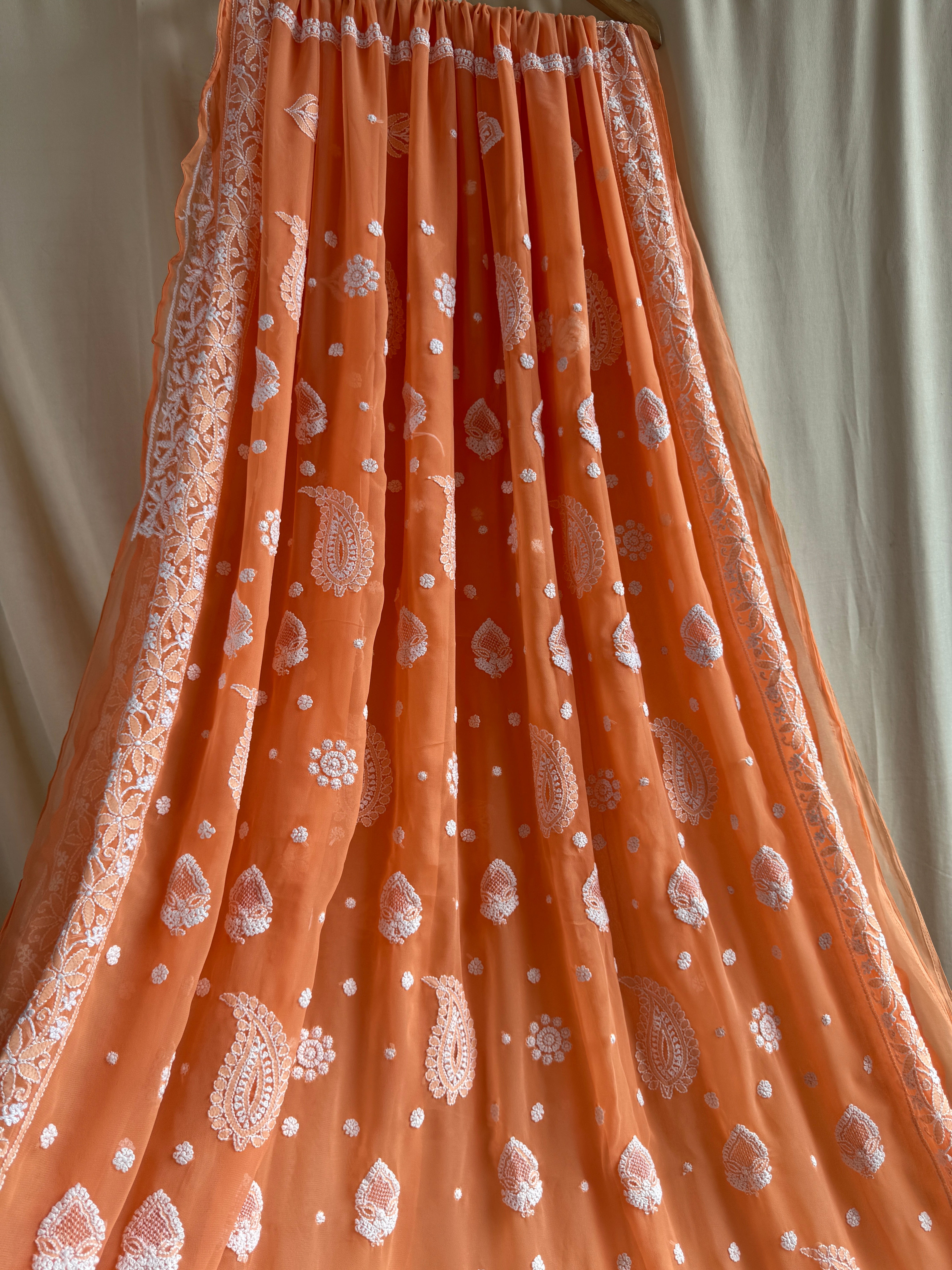 Georgette Chikankari saree in Sunset Orange ARIAA CHIKANKARI