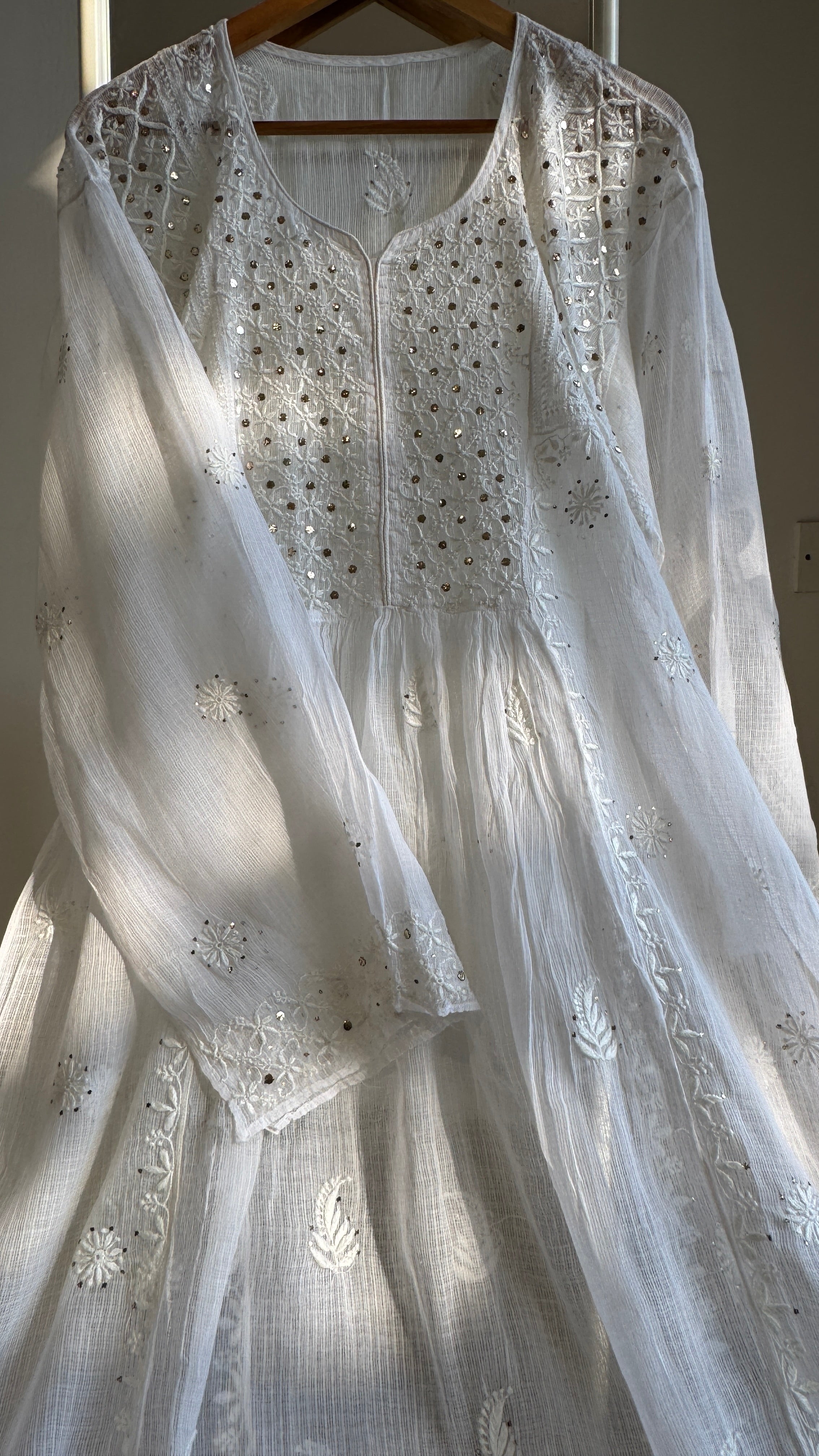 Mul Chanderi Chikankari Anarkali - White