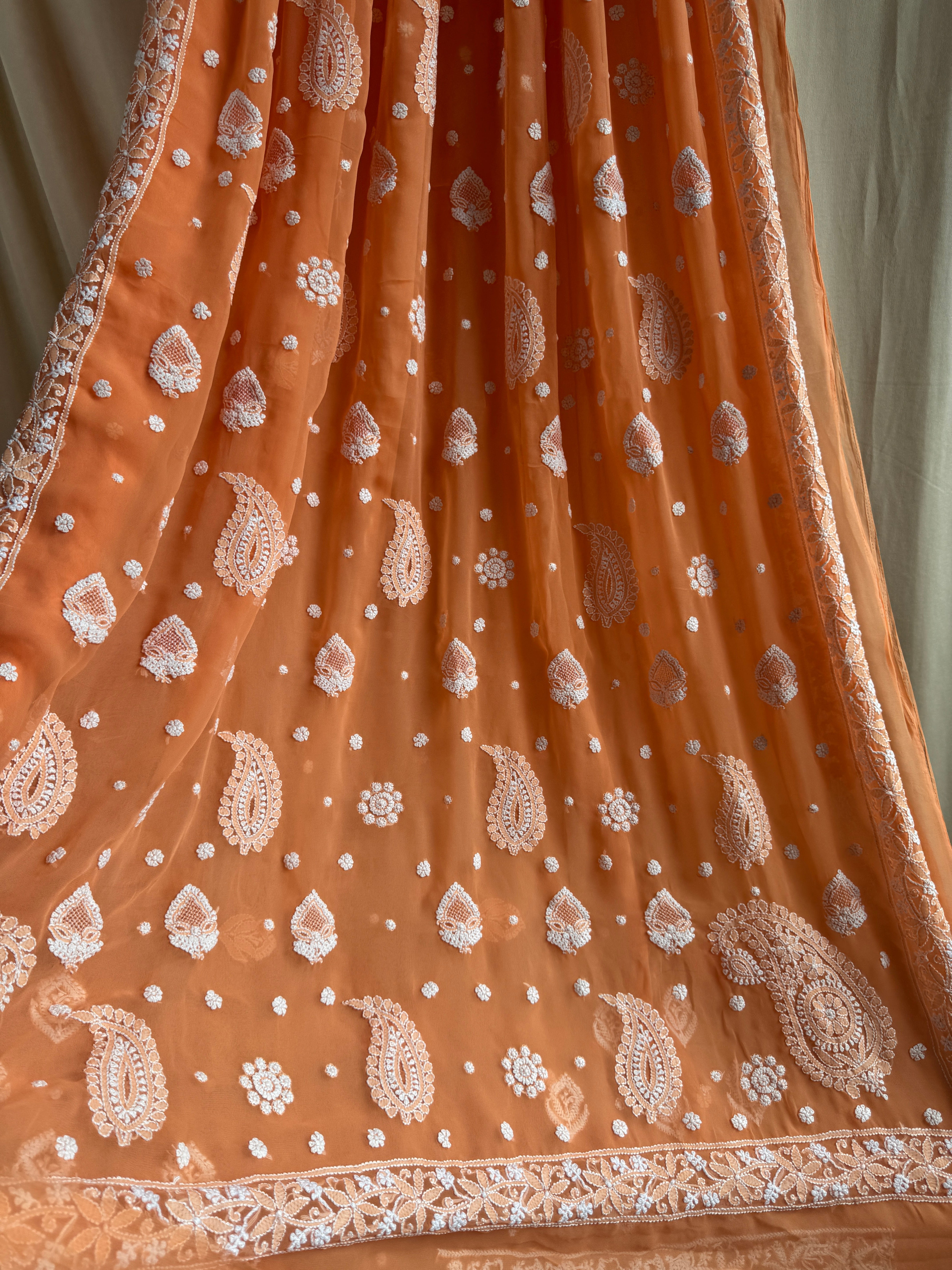 Georgette Chikankari saree in Sunset Orange ARIAA CHIKANKARI