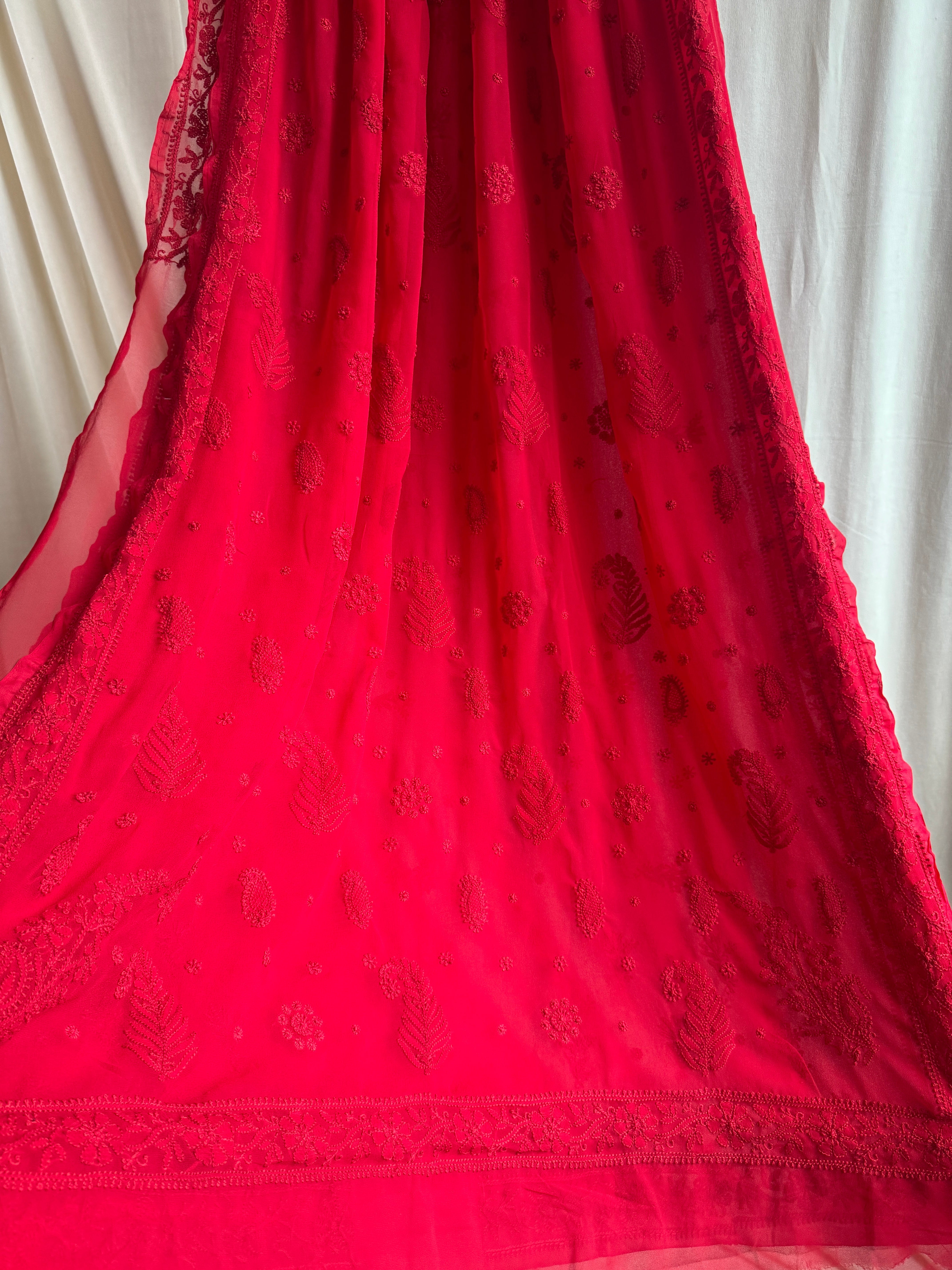 Georgette Chikankari saree in Red ARIAA CHIKANKARI