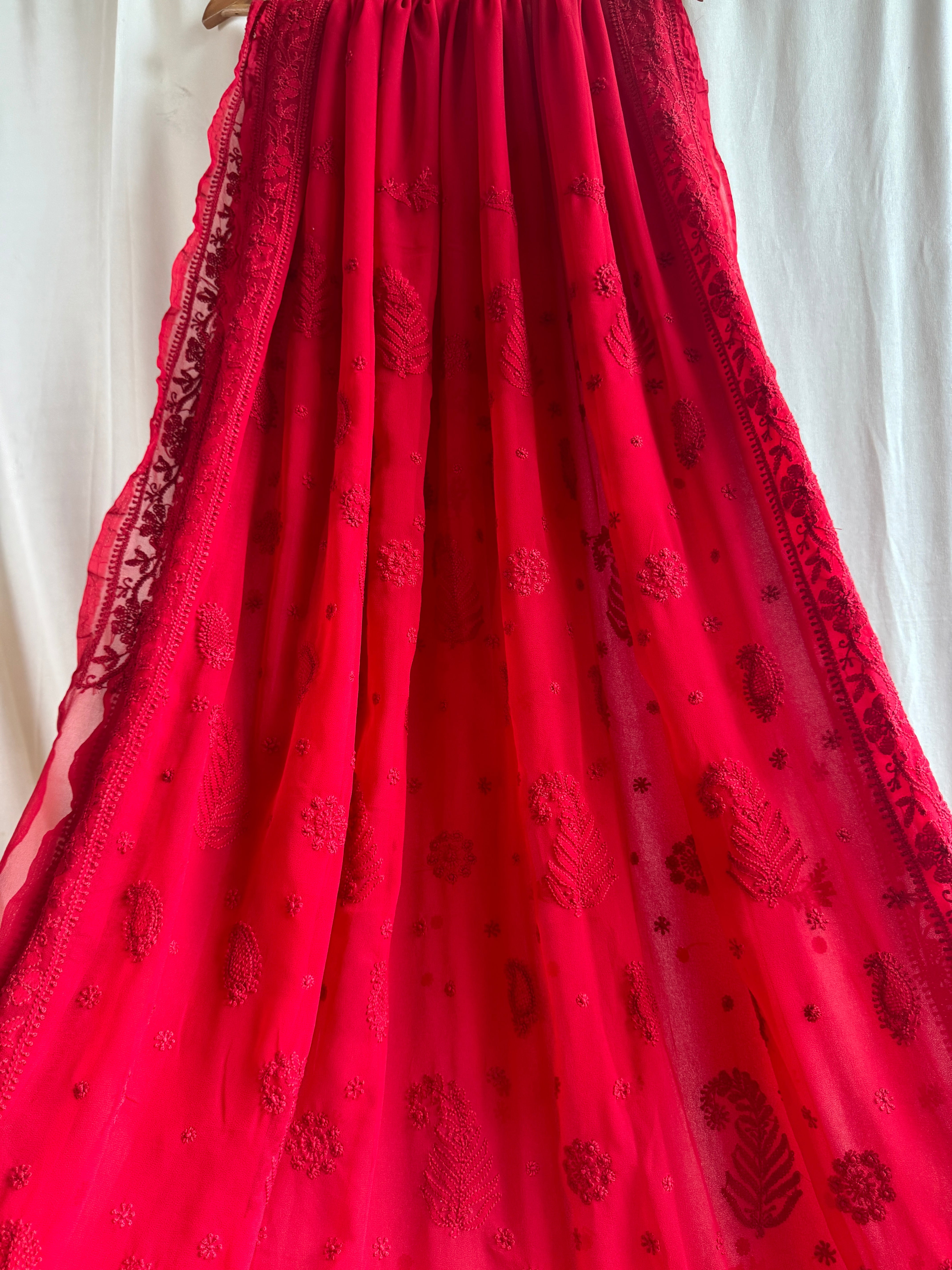 Georgette Chikankari saree in Red ARIAA CHIKANKARI