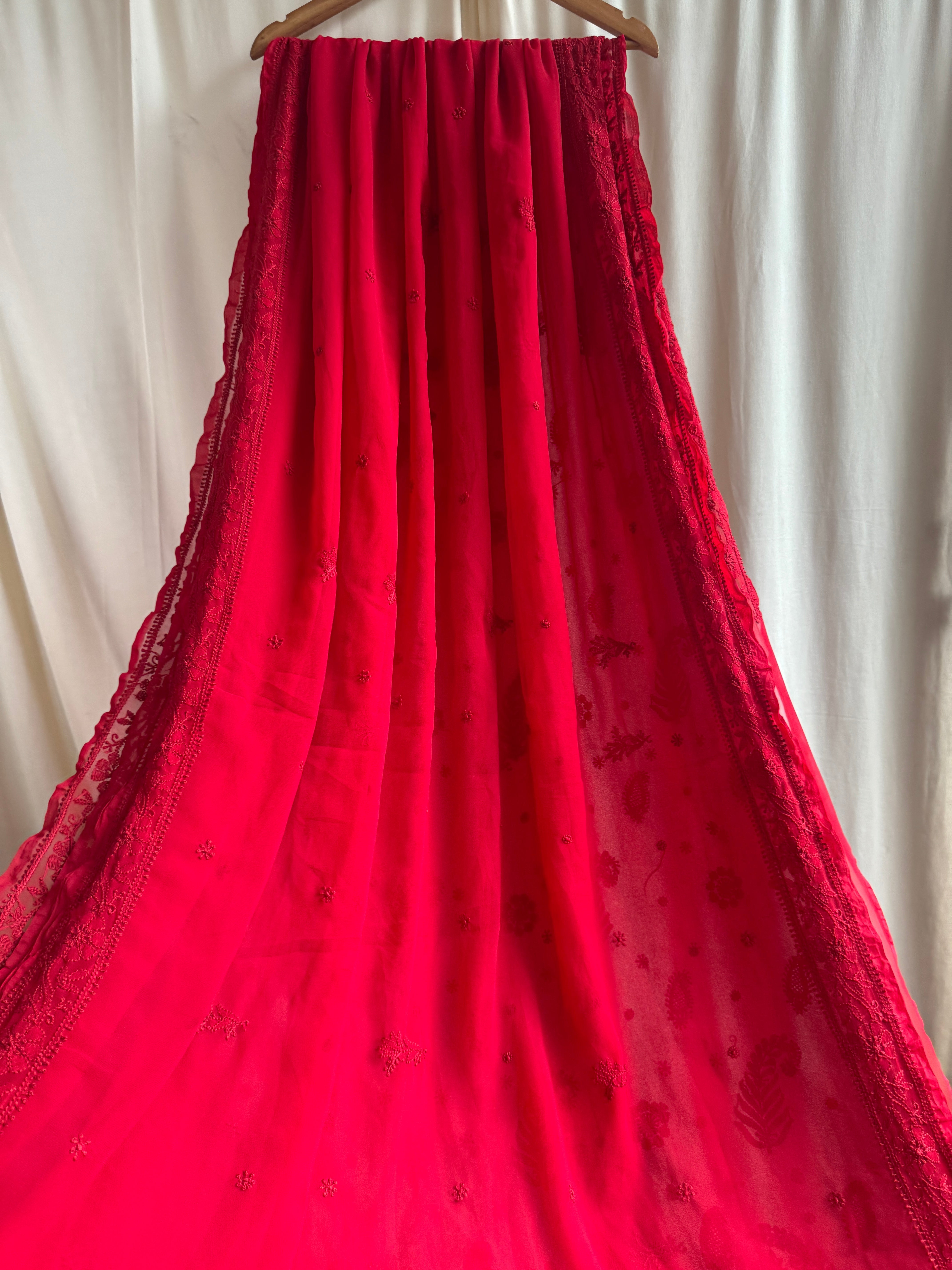 Georgette Chikankari saree in Red ARIAA CHIKANKARI