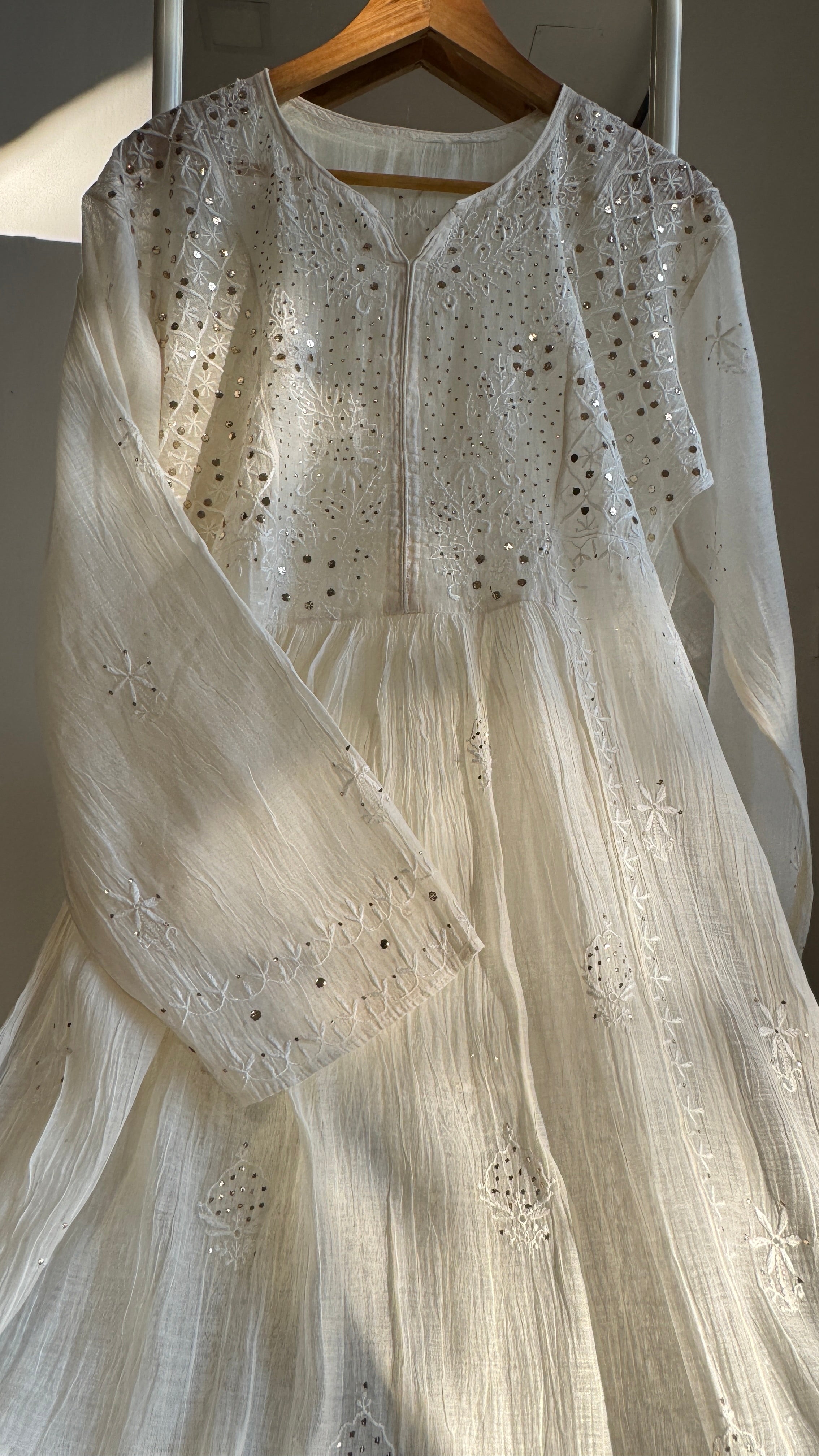 Mul Chanderi Chikankari Anarkali - White