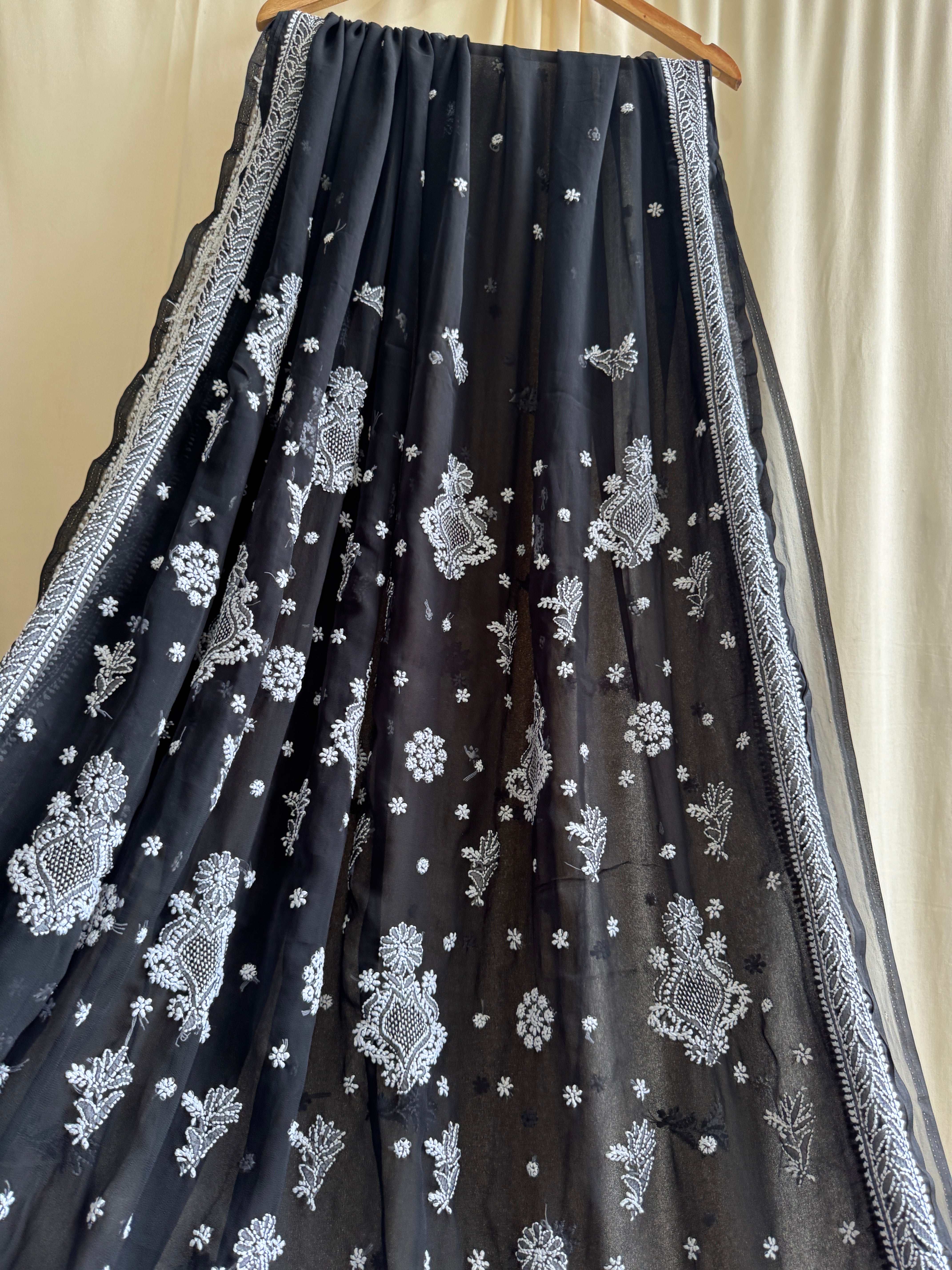 Georgette Chikankari saree in Black ARIAA CHIKANKARI