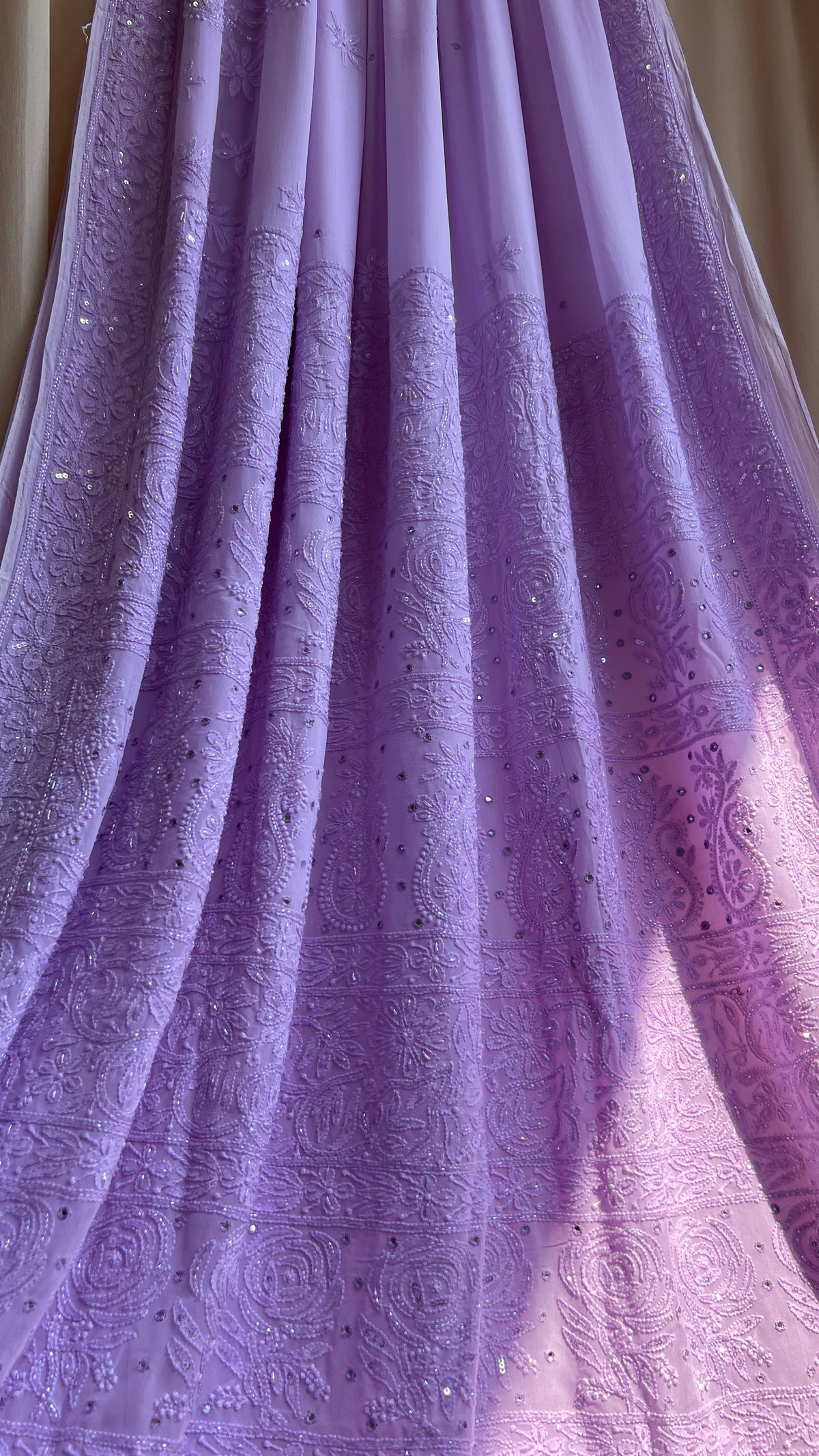 Viscose Lavender Chikankari saree with Pearl embellishments