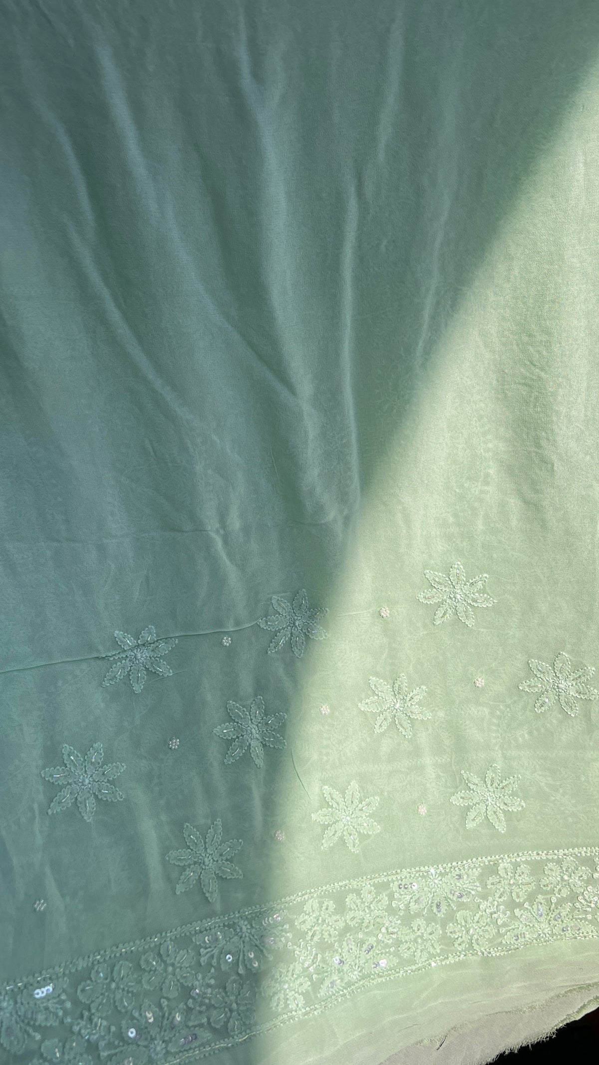 Chikankari saree with Pearl embellishments-Green