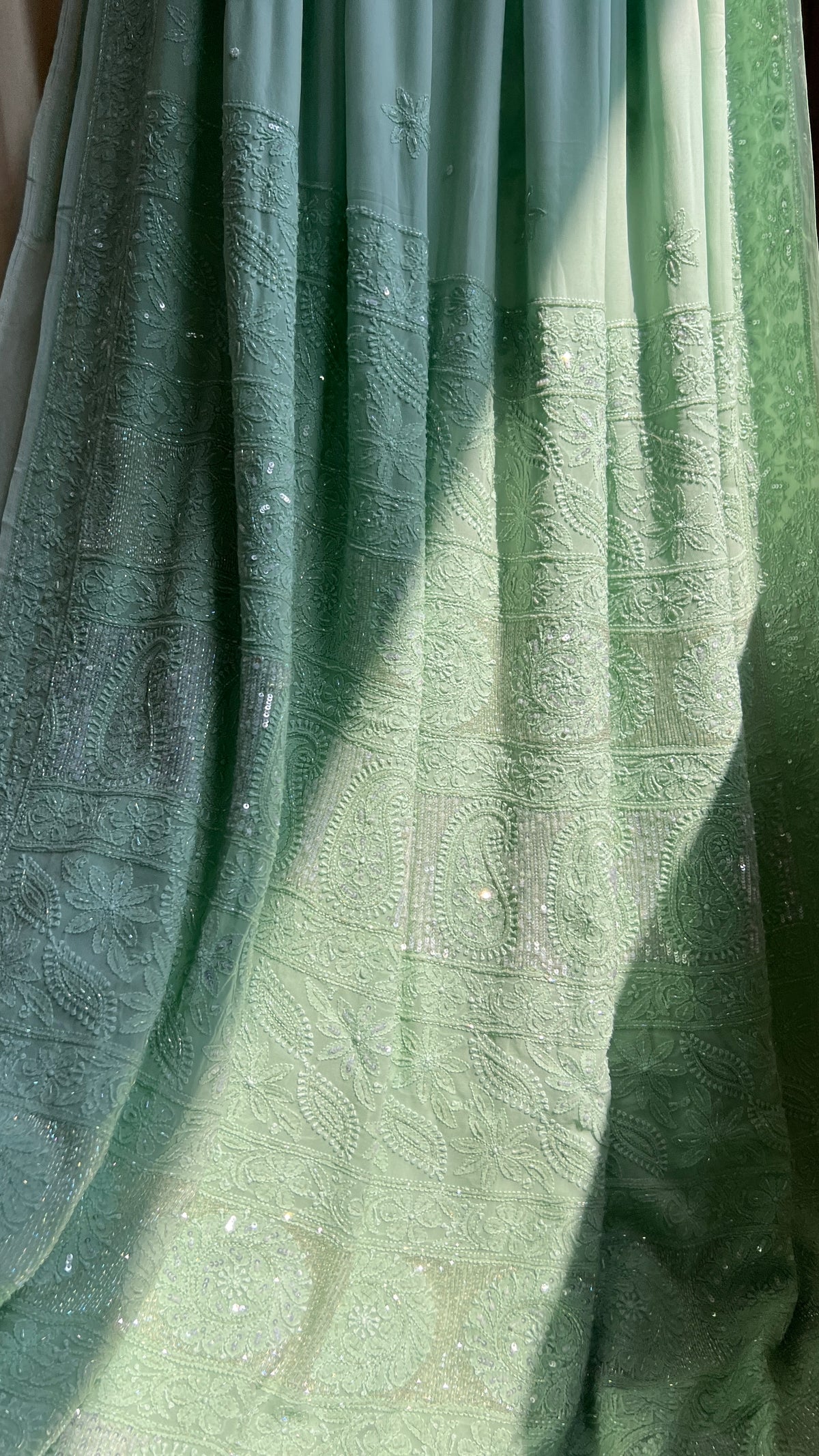 Chikankari saree with Pearl embellishments-Green