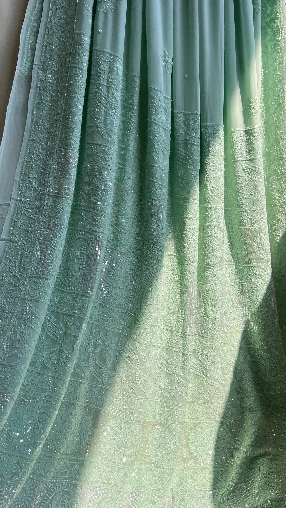 Chikankari saree with Pearl embellishments-Green