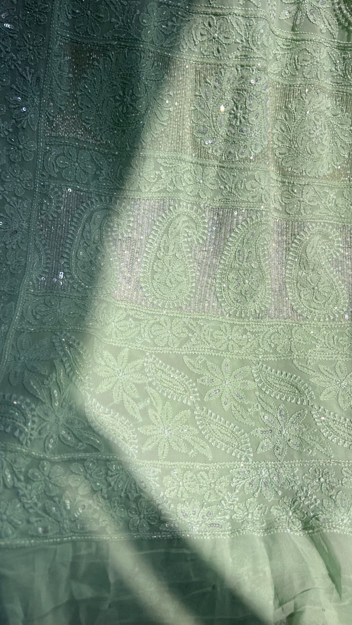 Chikankari saree with Pearl embellishments-Green