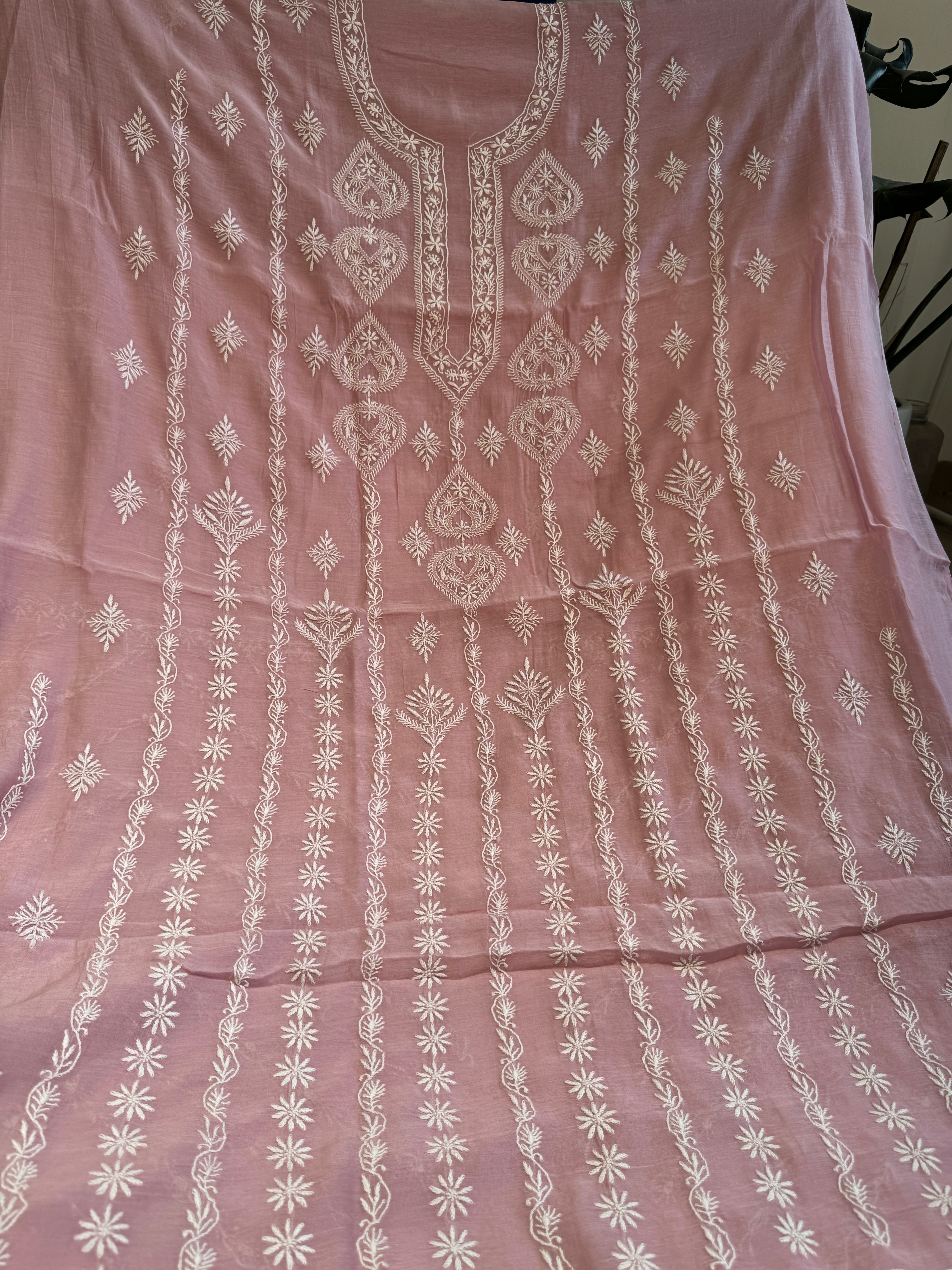 Mul Chanderi Chikankari Unstitched Length with Dupatta - Light Mauve ARIAA CHIKANKARI