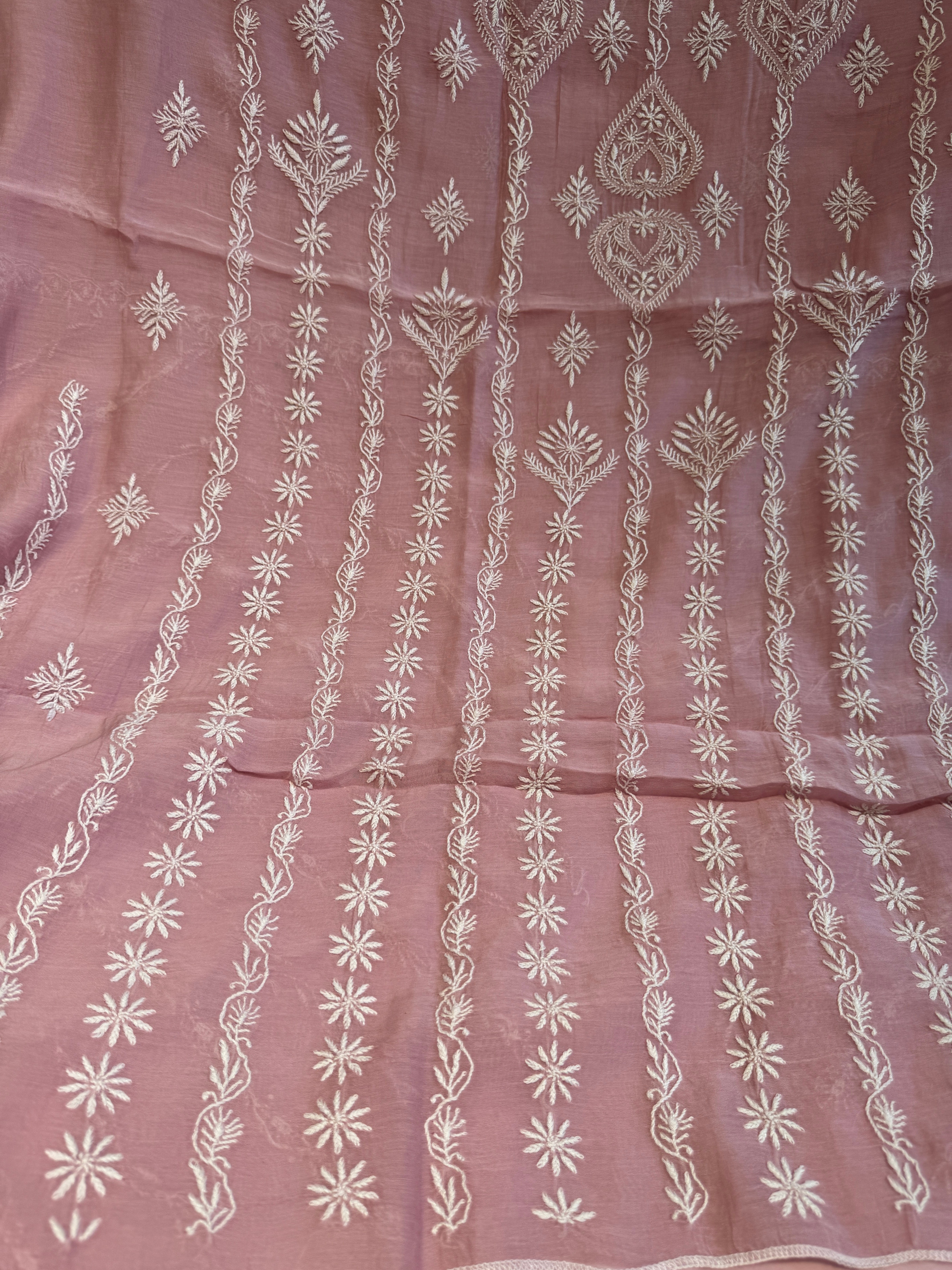 Mul Chanderi Chikankari Unstitched Length with Dupatta - Light Mauve ARIAA CHIKANKARI