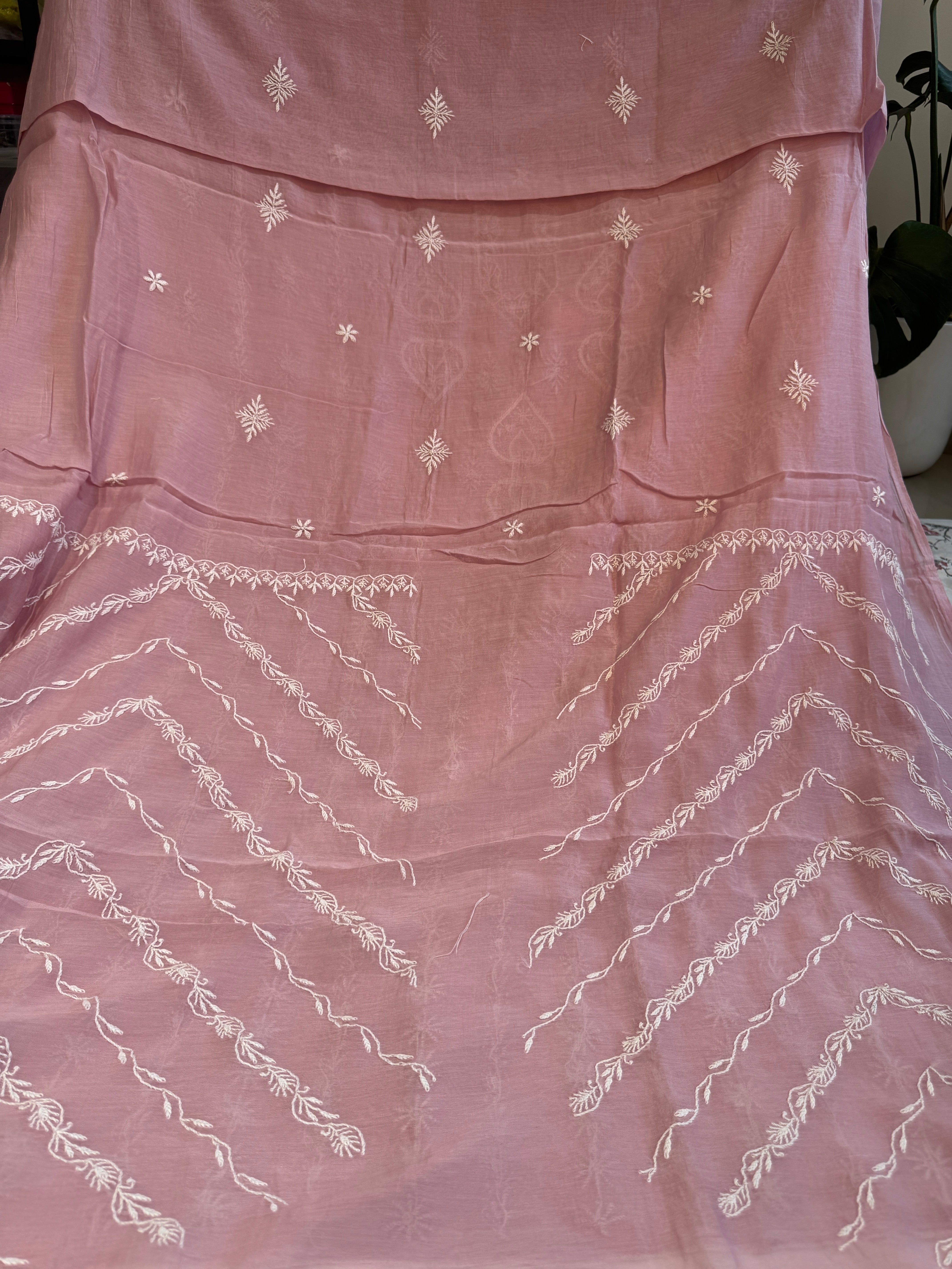 Mul Chanderi Chikankari Unstitched Length with Dupatta - Light Mauve ARIAA CHIKANKARI