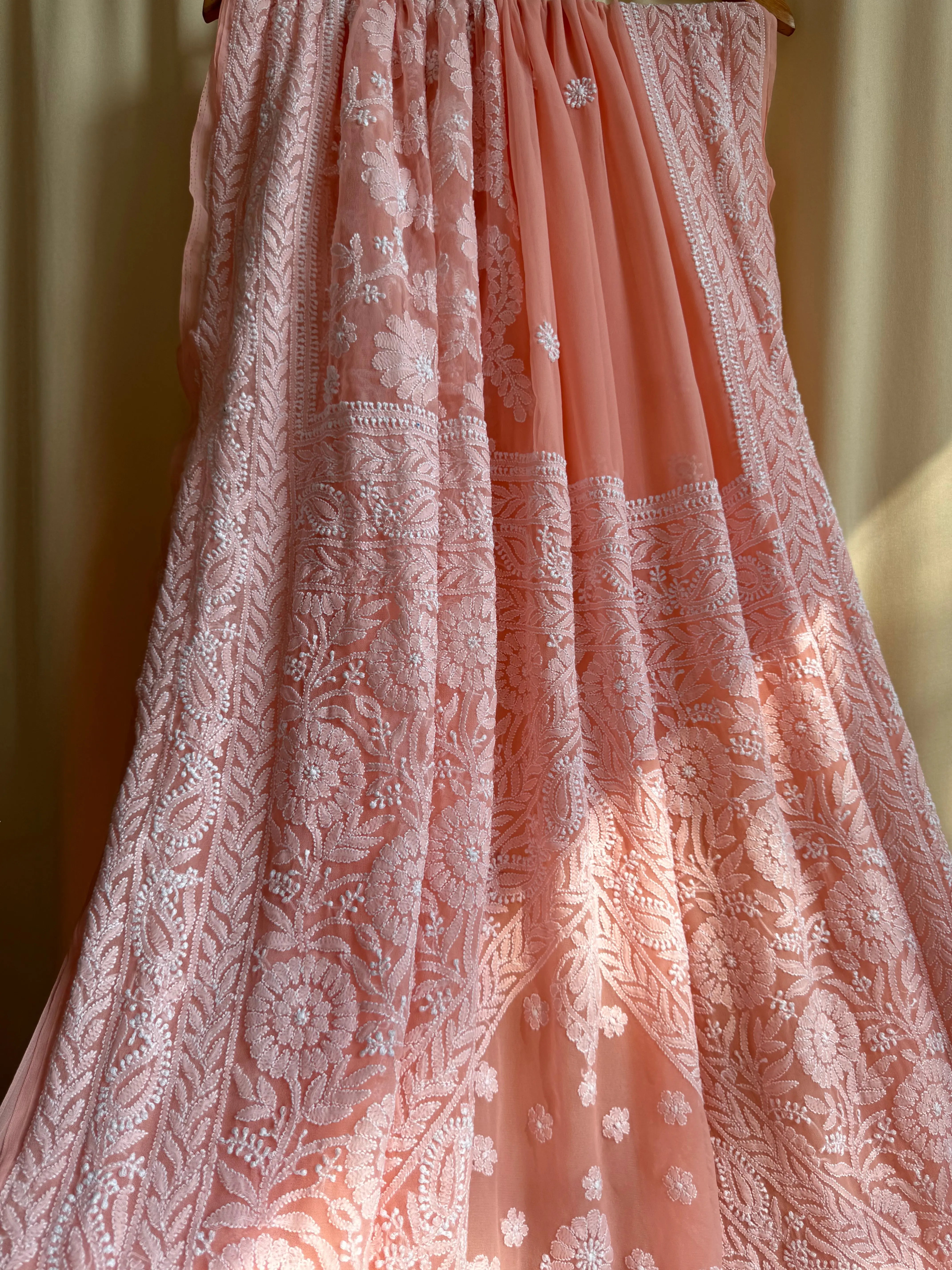Georgette Chikankari saree in Peach ARIAA CHIKANKARI