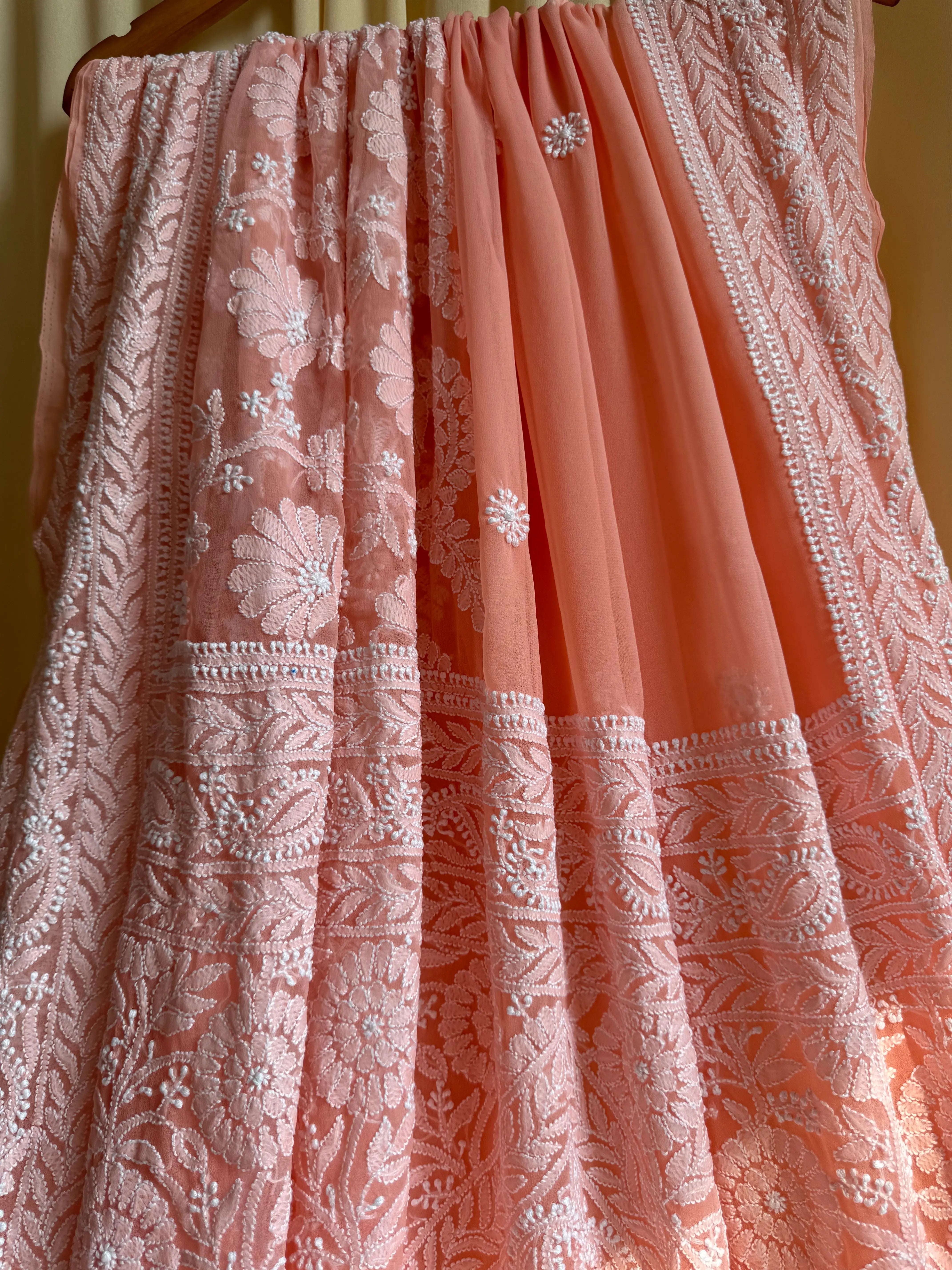 Georgette Chikankari saree in Peach ARIAA CHIKANKARI