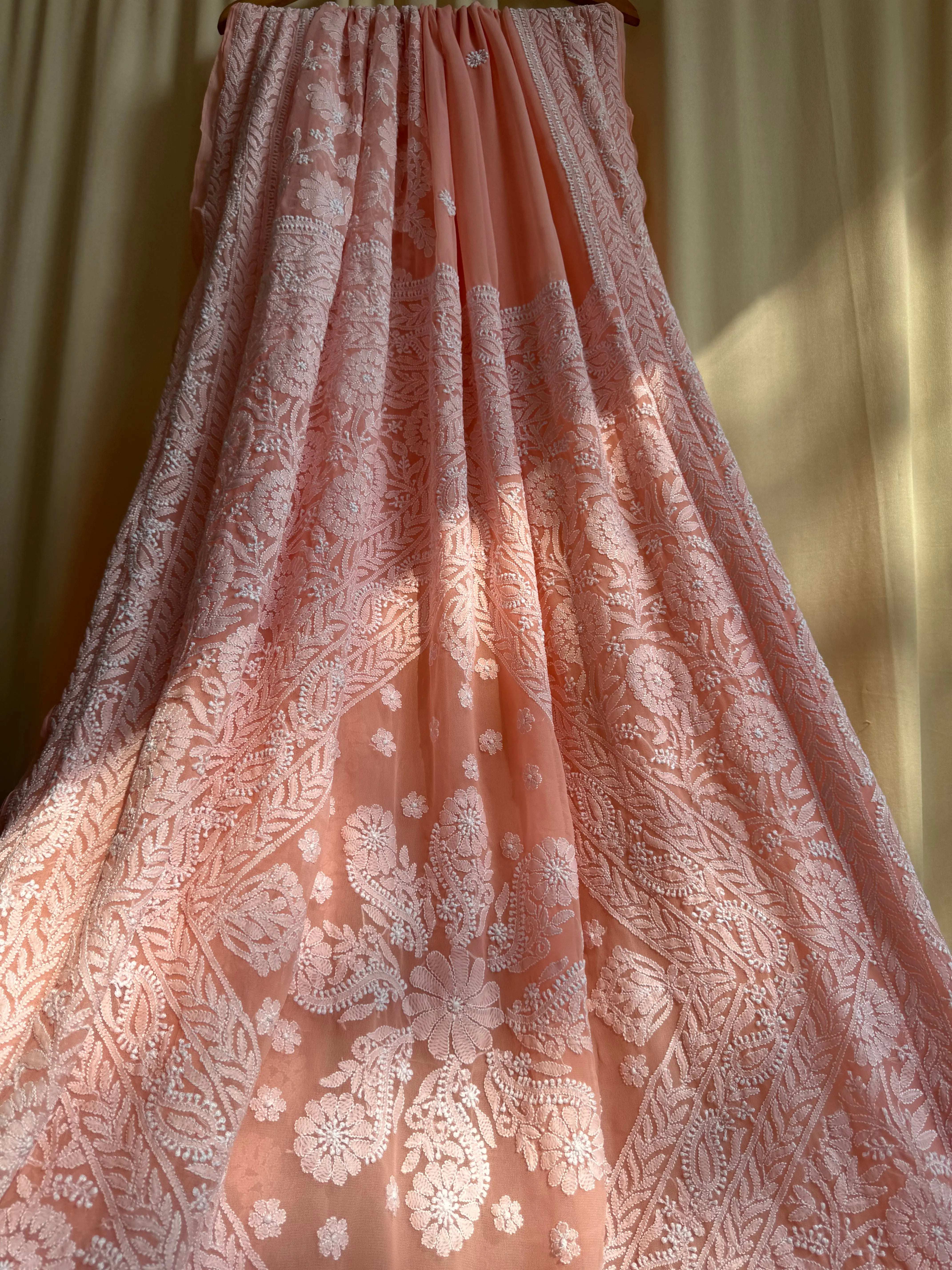 Georgette Chikankari saree in Peach ARIAA CHIKANKARI