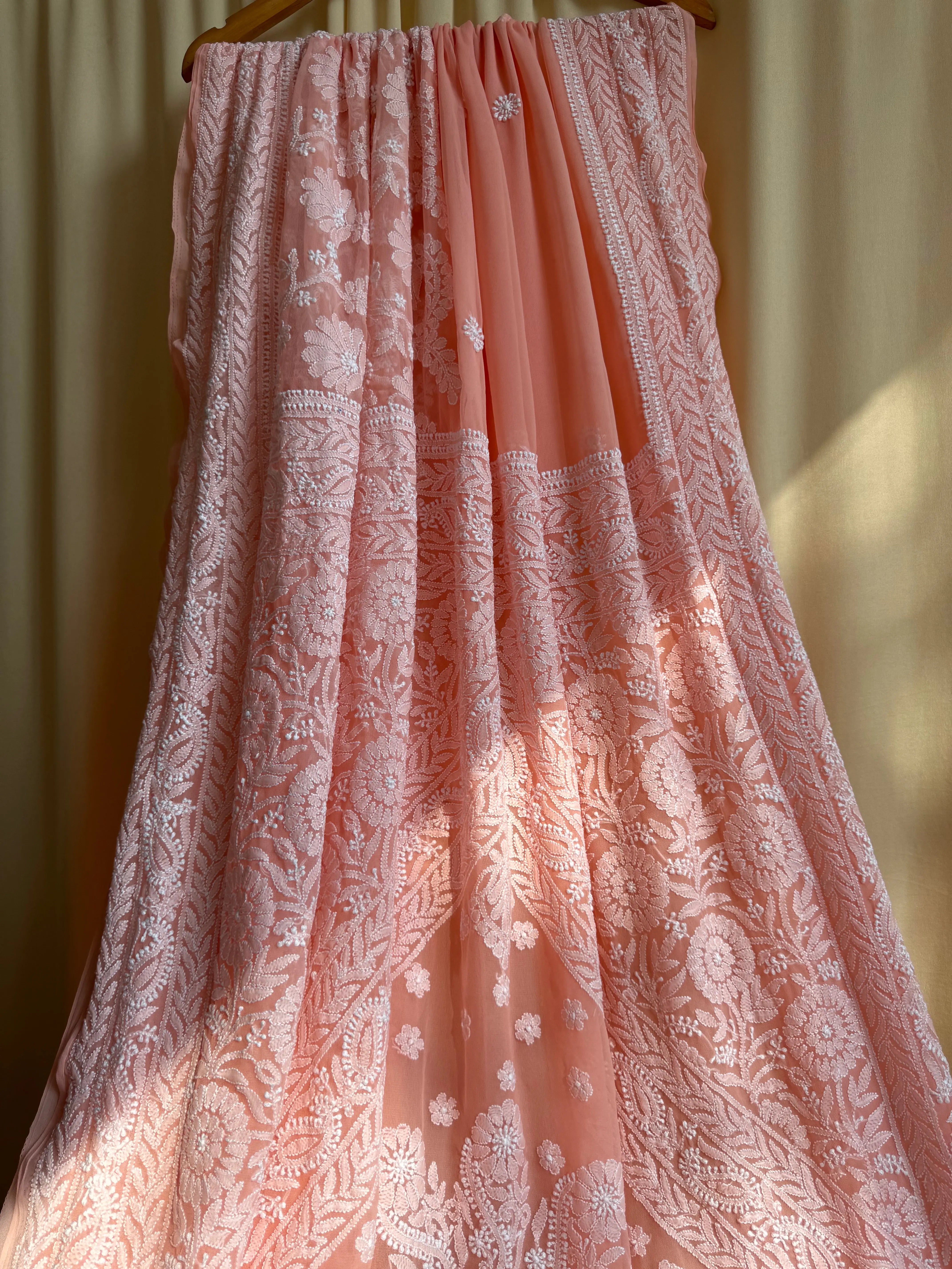 Georgette Chikankari saree in Peach ARIAA CHIKANKARI