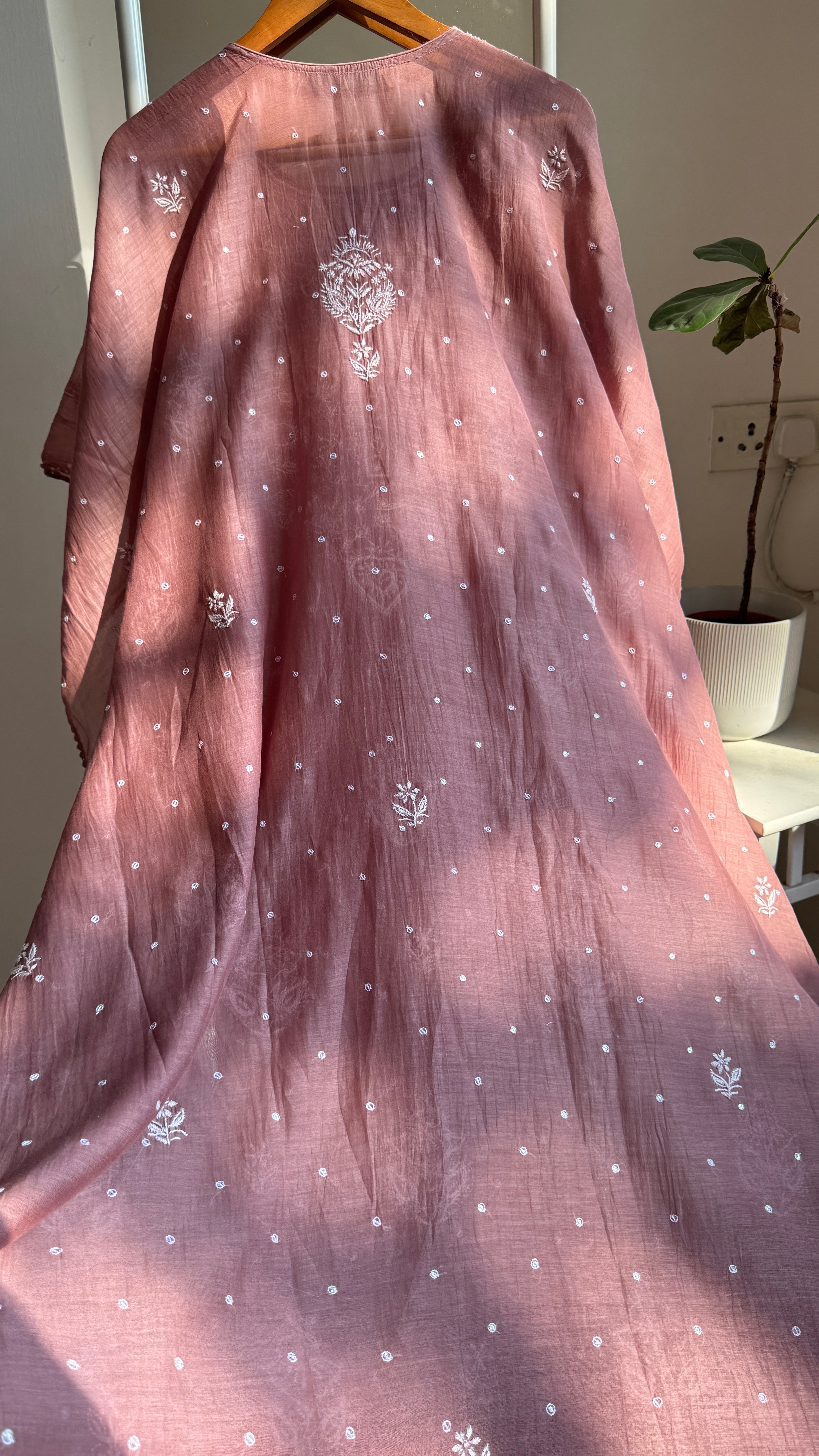 Mul Chanderi Chikankari Kaftan - Deep Onion Pink